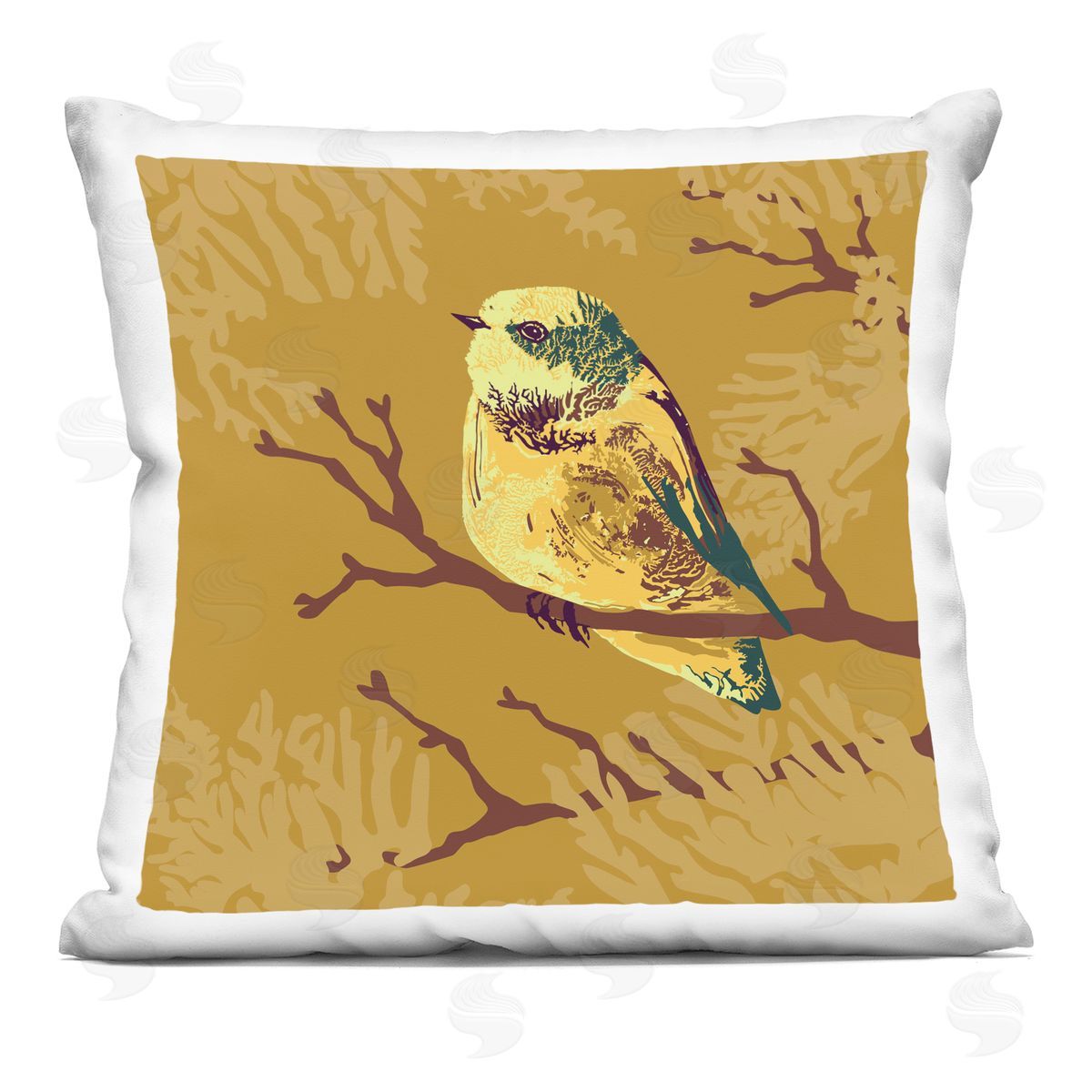 Perched Yellow Bird Botanical Leaf Pattern Decorative Printed Pillow, Home Decor by Verbrugge Watercolor