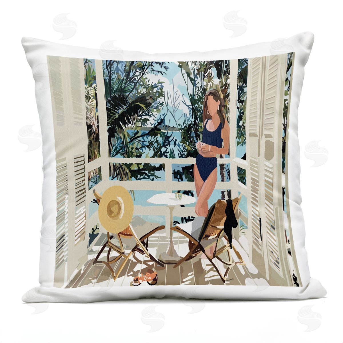 Lounging Woman Coastal Beach Balcony Outdoor Printed Pillow, Home Decor by Amelia Noyes