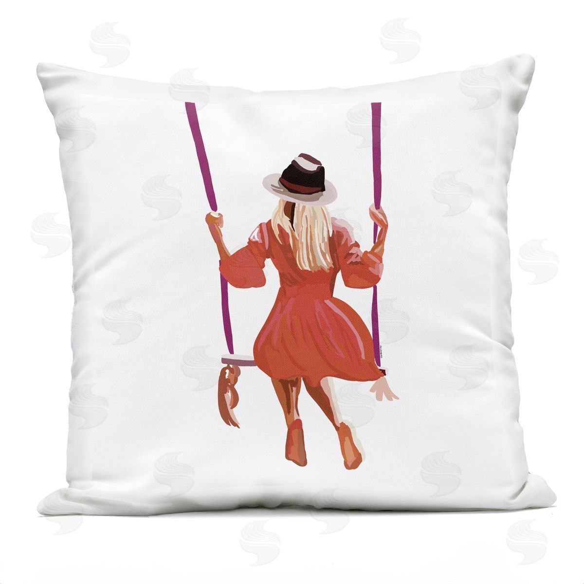 Trendy Woman Red Dress Summer Swing Outdoor Printed Pillow, Home Decor by Amelia Noyes
