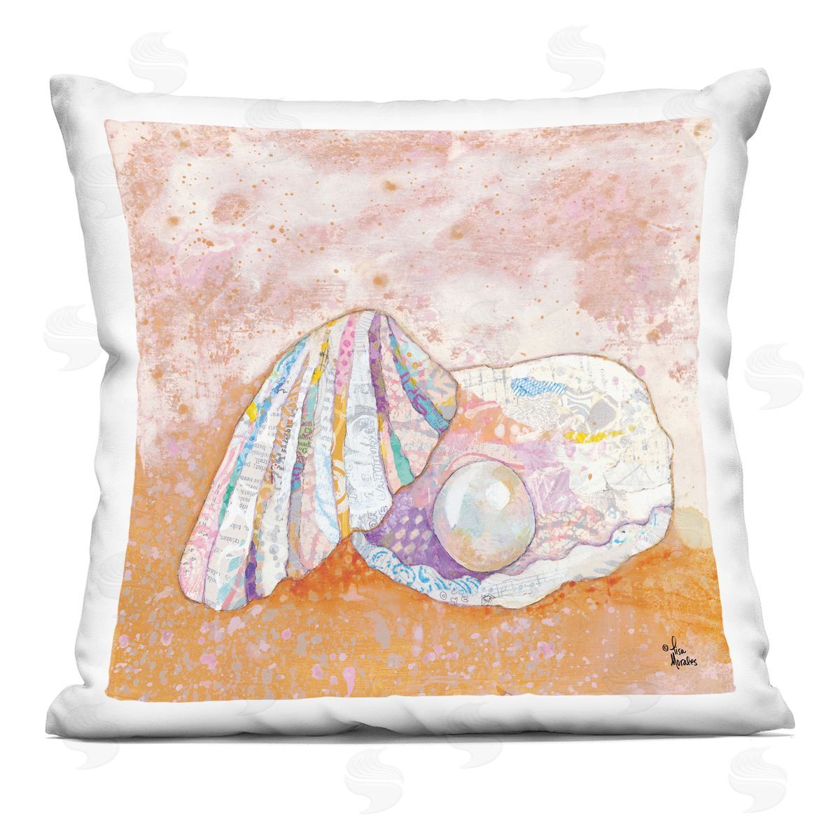 Collaged Clamshell Pearl Nautical Beach Shore Decorative Printed Pillow, Home Decor by Lisa Morales