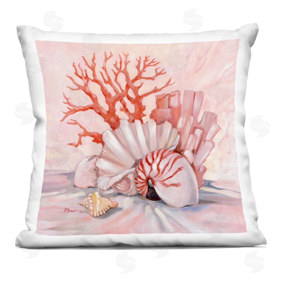 Various Red Pink Seashells Coral Still Life Decorative Printed Pillow, Home Decor by Paul Brent
