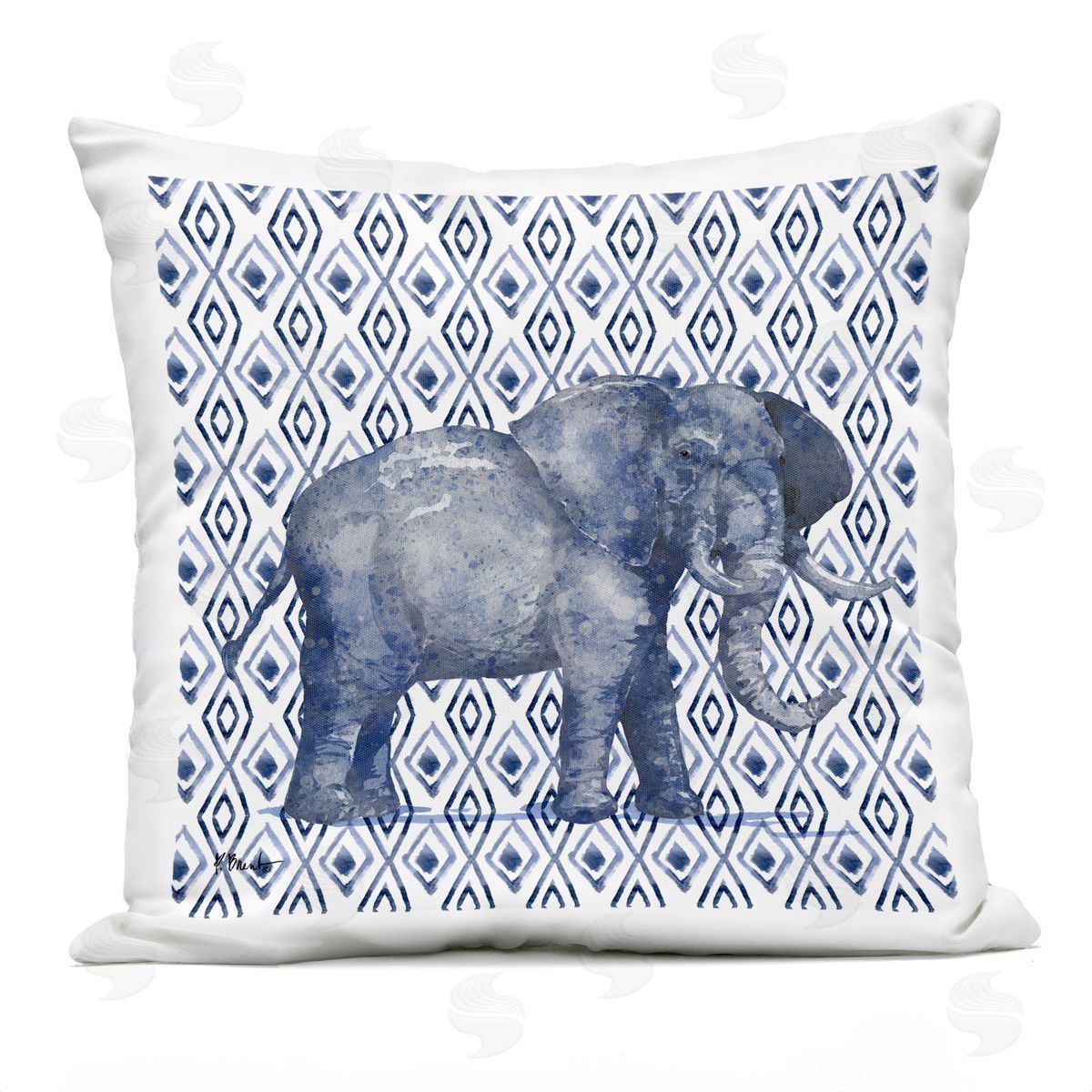 Blue Elephant Geometric Diamond Pattern Outdoor Printed Pillow, Home Decor by Paul Brent