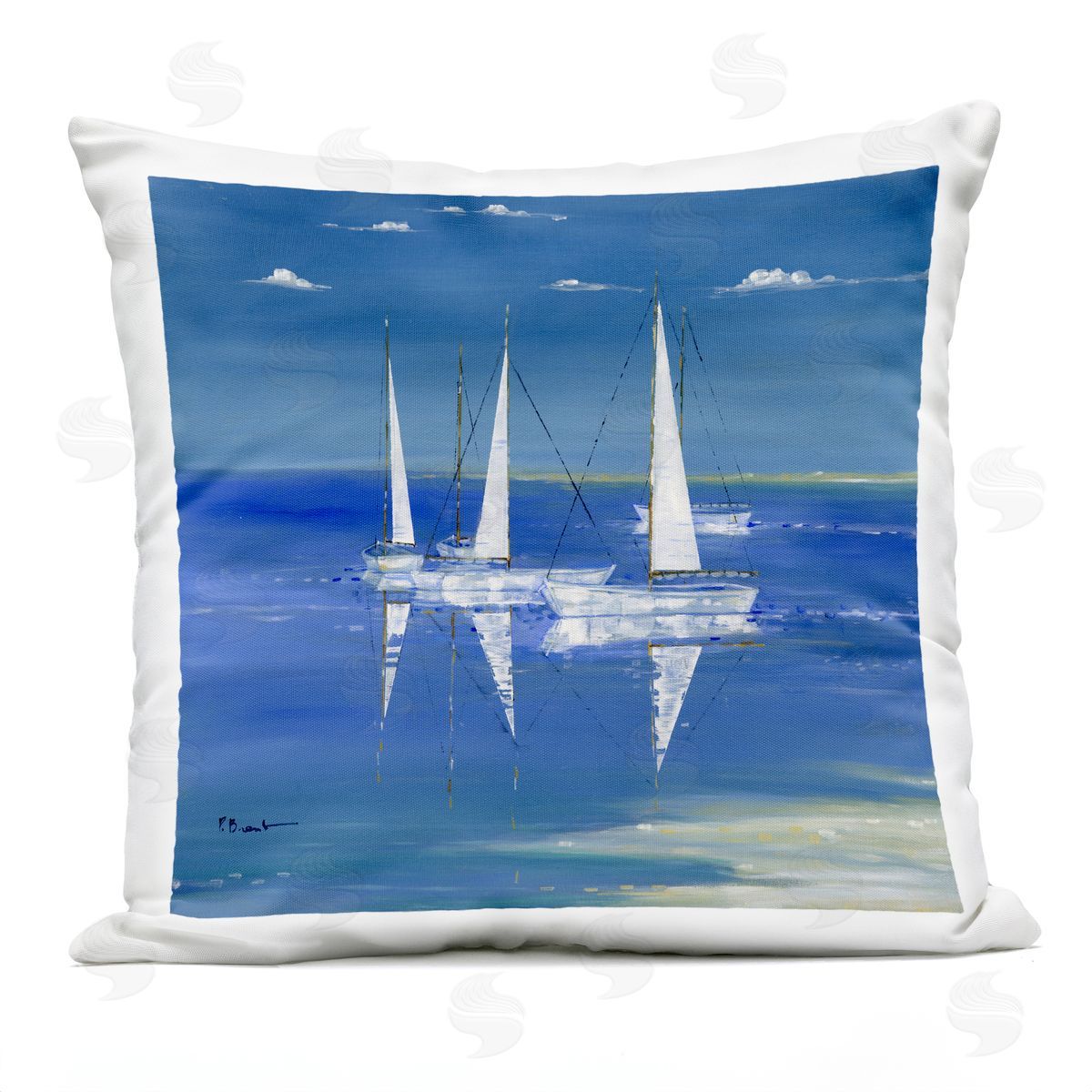 Floating Sailboats Blue Ocean View Outdoor Printed Pillow, Home Decor by Paul Brent
