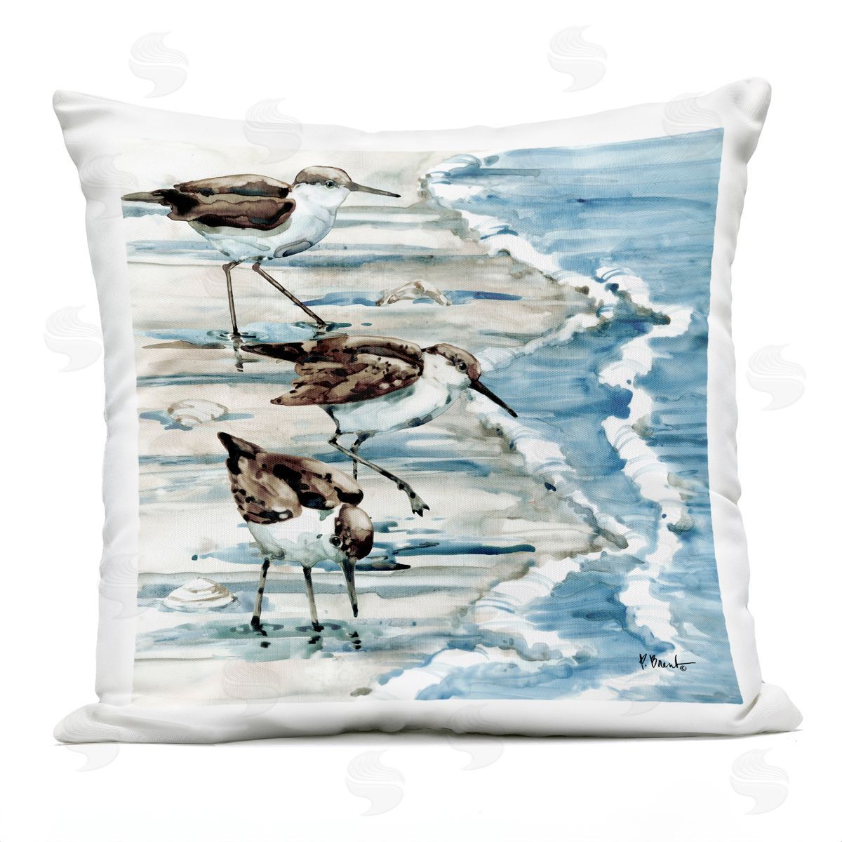 Three Sandpipers Ocean Shoreline Coast Outdoor Printed Pillow, Home Decor by Paul Brent