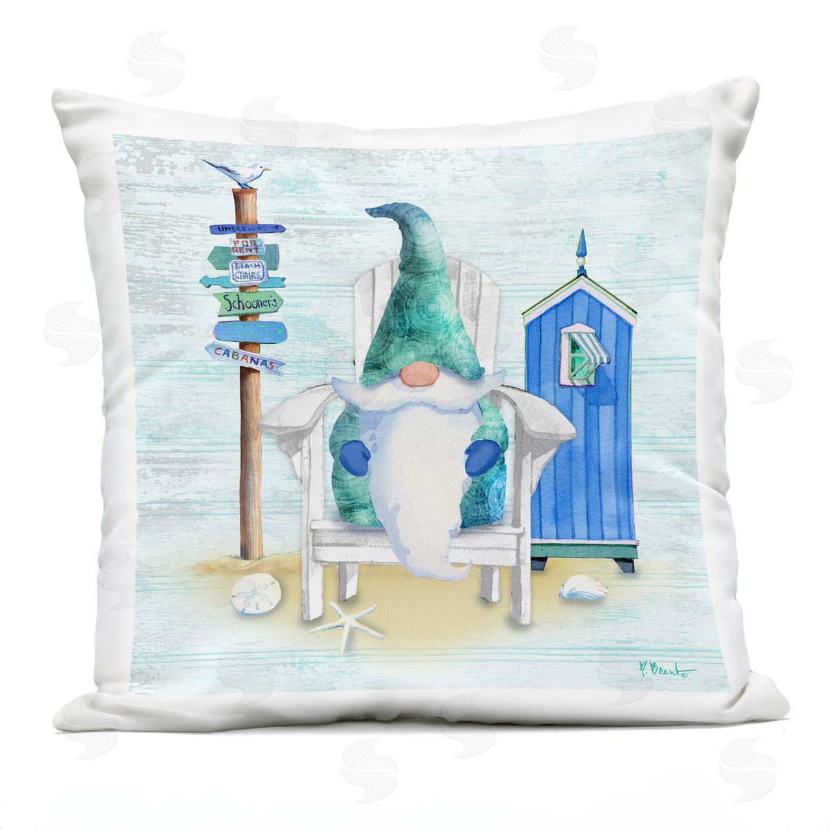 Nautical Gnome Happy Coastal Beach Scene Outdoor Printed Pillow, Home Decor by Paul Brent