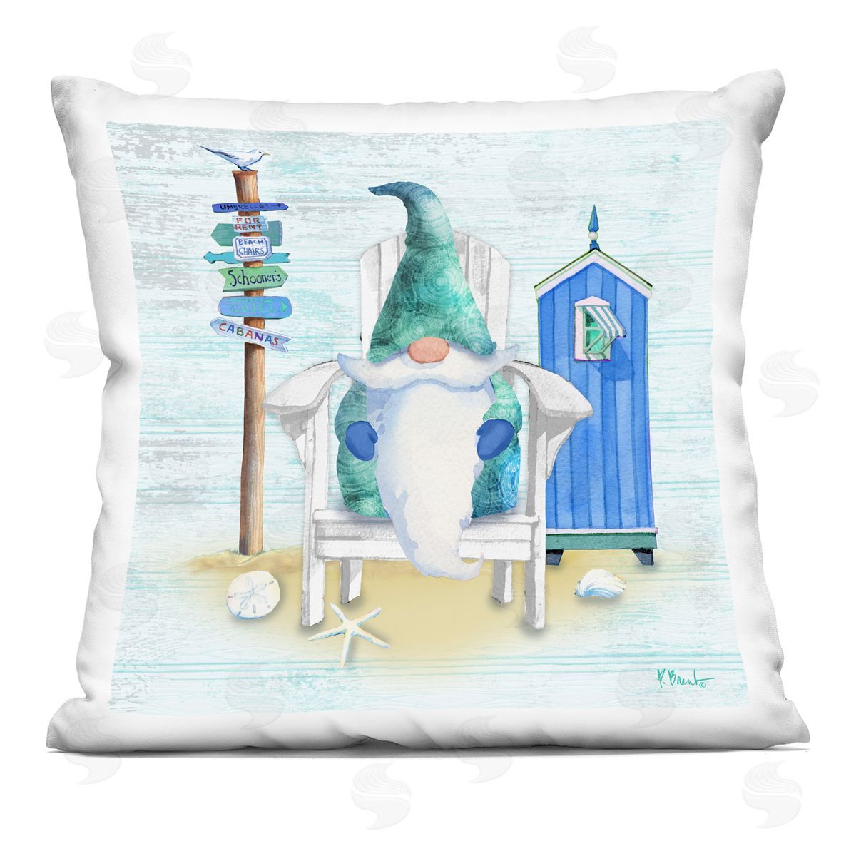 Nautical Gnome Happy Coastal Beach Scene Decorative Printed Pillow, Home Decor by Paul Brent