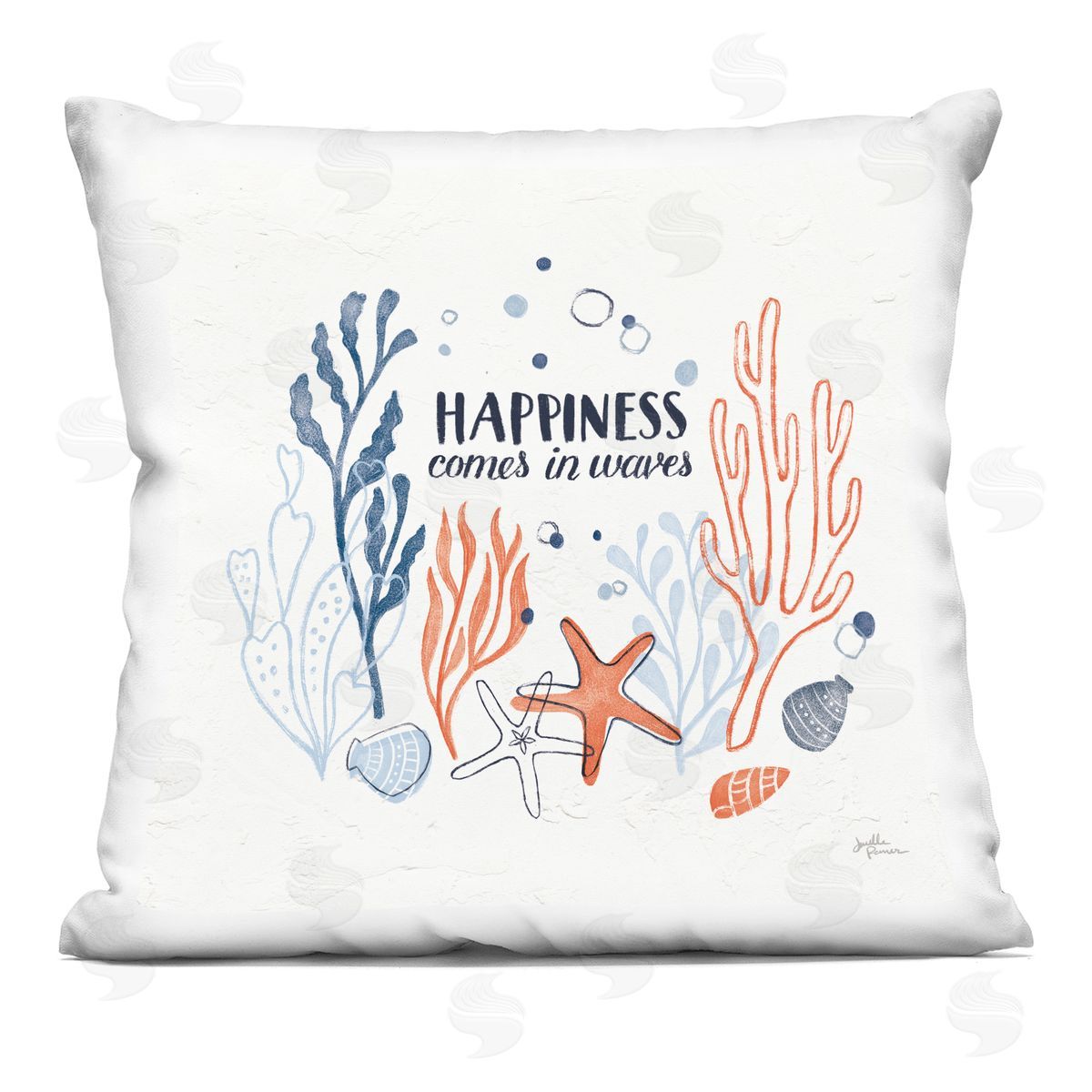 Happiness Quote Seashell Coral Outlines Decorative Printed Pillow, Home Decor by Janelle Penner
