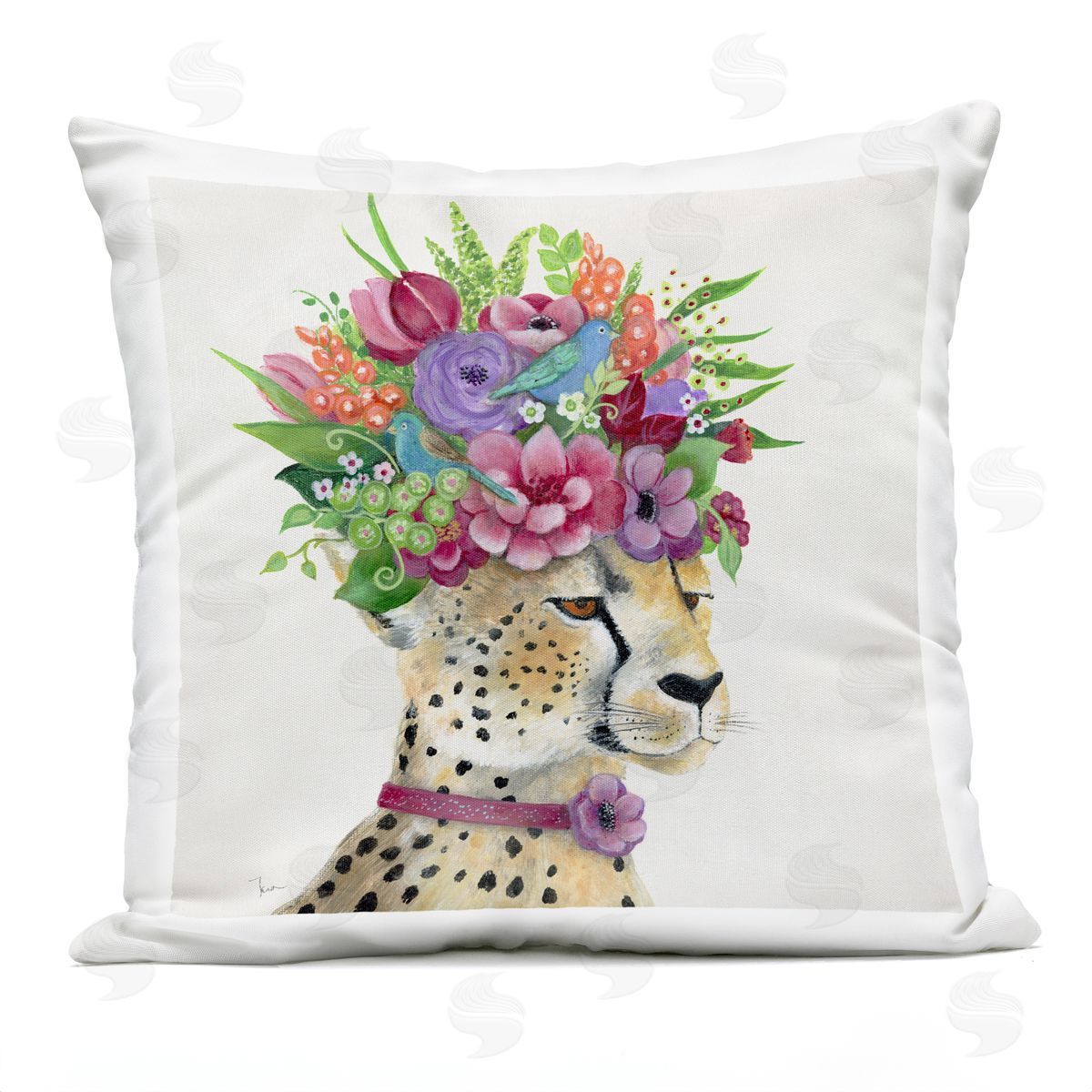 Majestic Cheetah Mixed Flower Crown Arrangement Outdoor Printed Pillow, Home Decor by Tava Studios