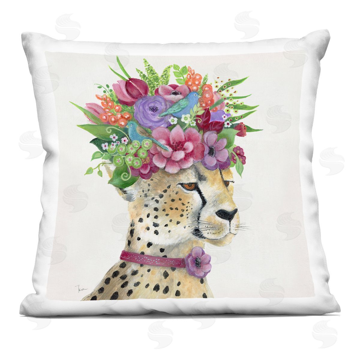 Majestic Cheetah Mixed Flower Crown Arrangement Decorative Printed Pillow, Home Decor by Tava Studios