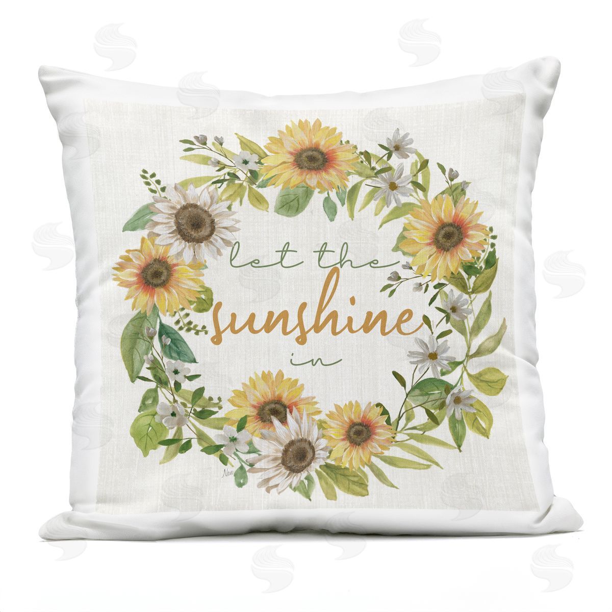 Warm Sunshine Phrase Sunflower Botanical Wreath Outdoor Printed Pillow, Home Decor by Nan