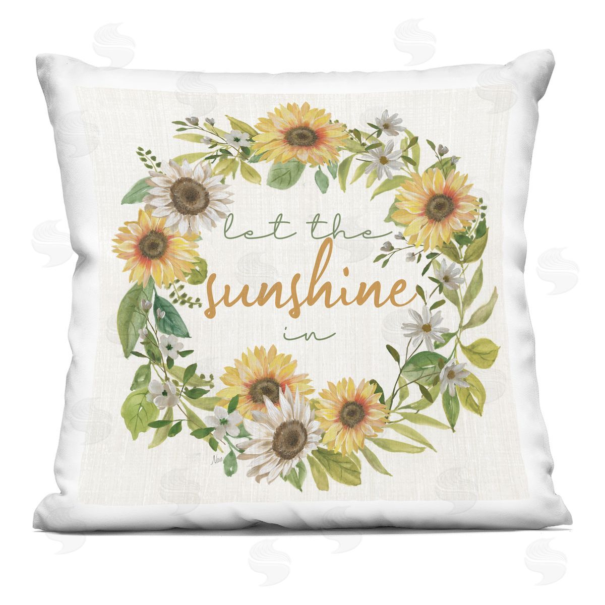 Warm Sunshine Phrase Sunflower Botanical Wreath Decorative Printed Pillow, Home Decor by Nan