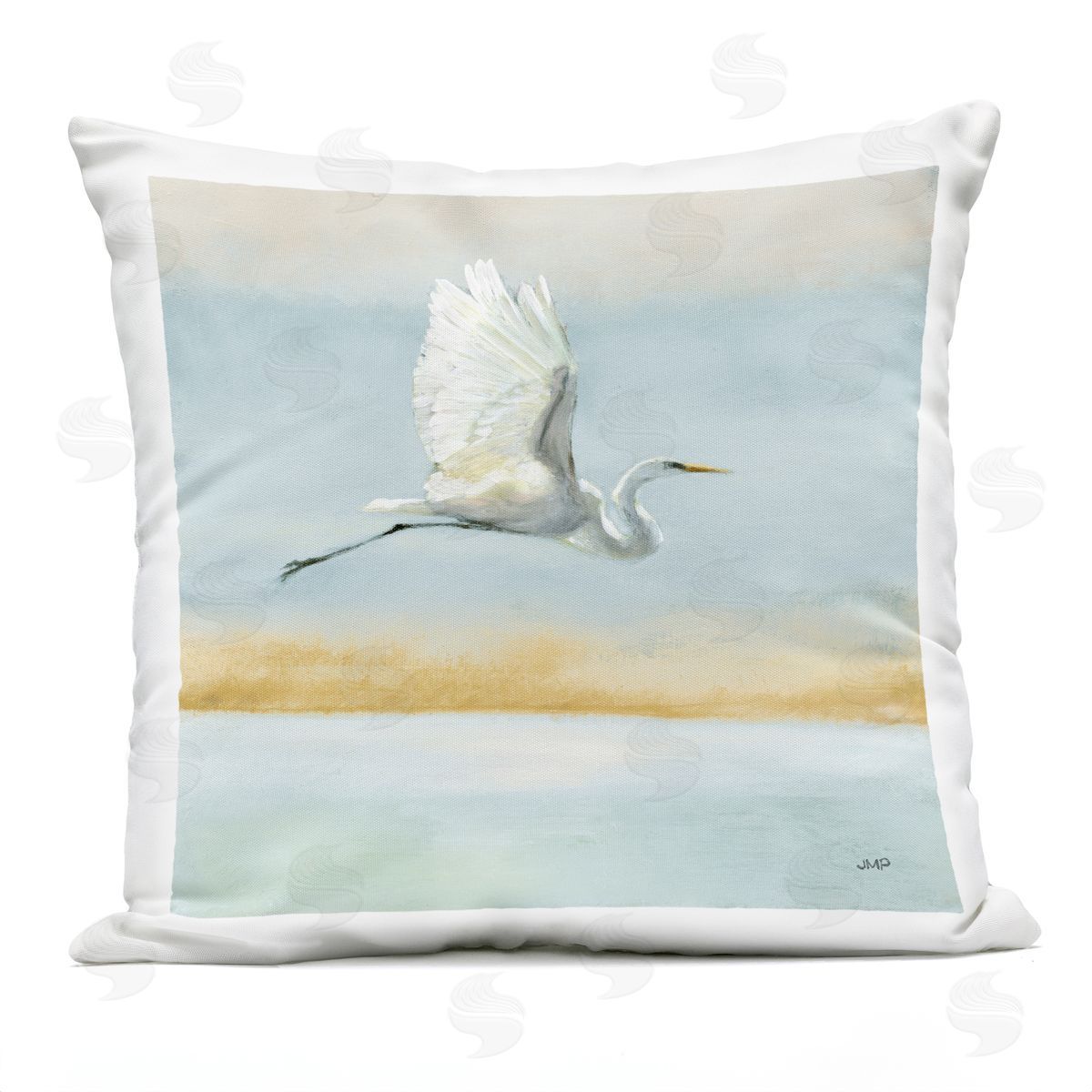 White Egret Bird Flying Over Ocean Shore Outdoor Printed Pillow, Home Decor by Julia Purinton
