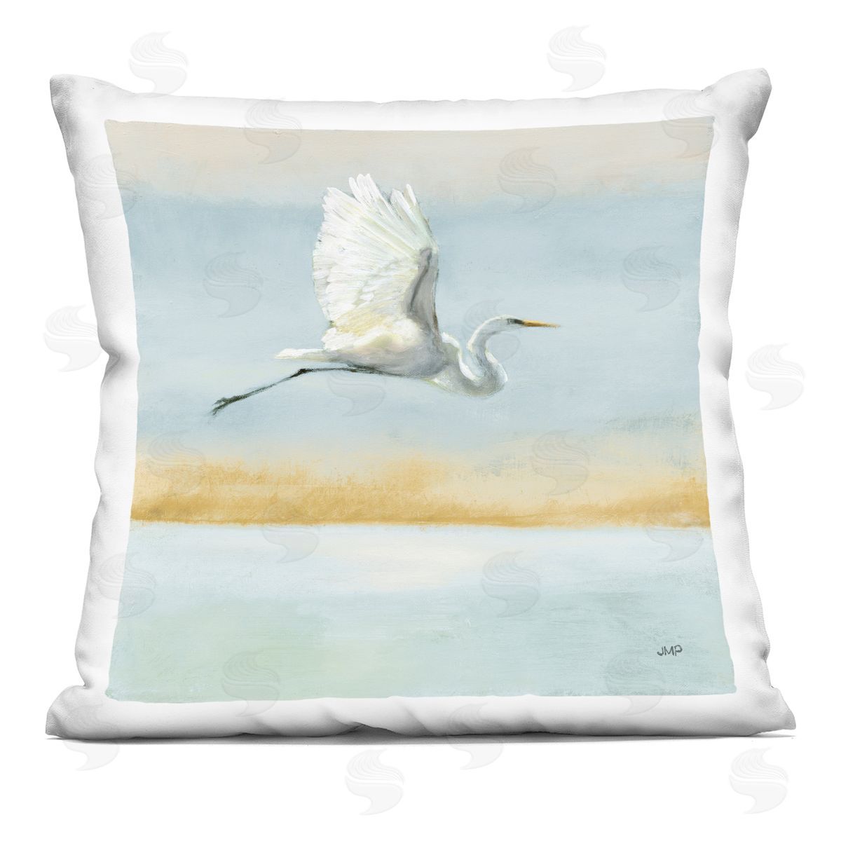 White Egret Bird Flying Over Ocean Shore Decorative Printed Pillow, Home Decor by Julia Purinton