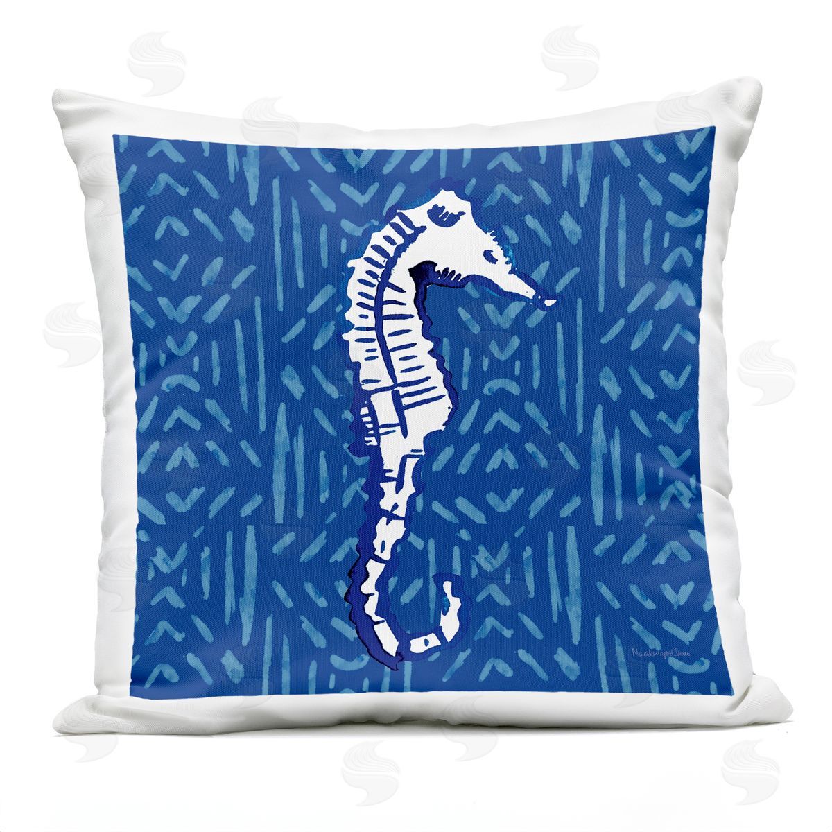 White Seahorse Aquatic Blue Diamond Pattern Outdoor Printed Pillow, Home Decor by Mercedes Lopez Charro