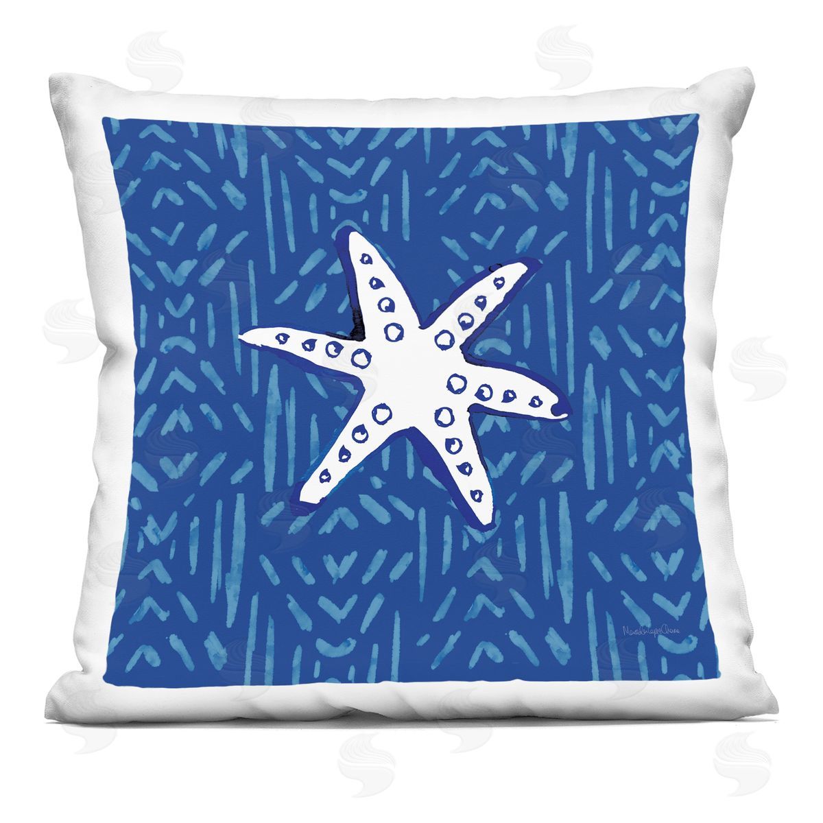 White Starfish Aquatic Animal Blue Background Decorative Printed Pillow, Home Decor by Mercedes Lopez Charro