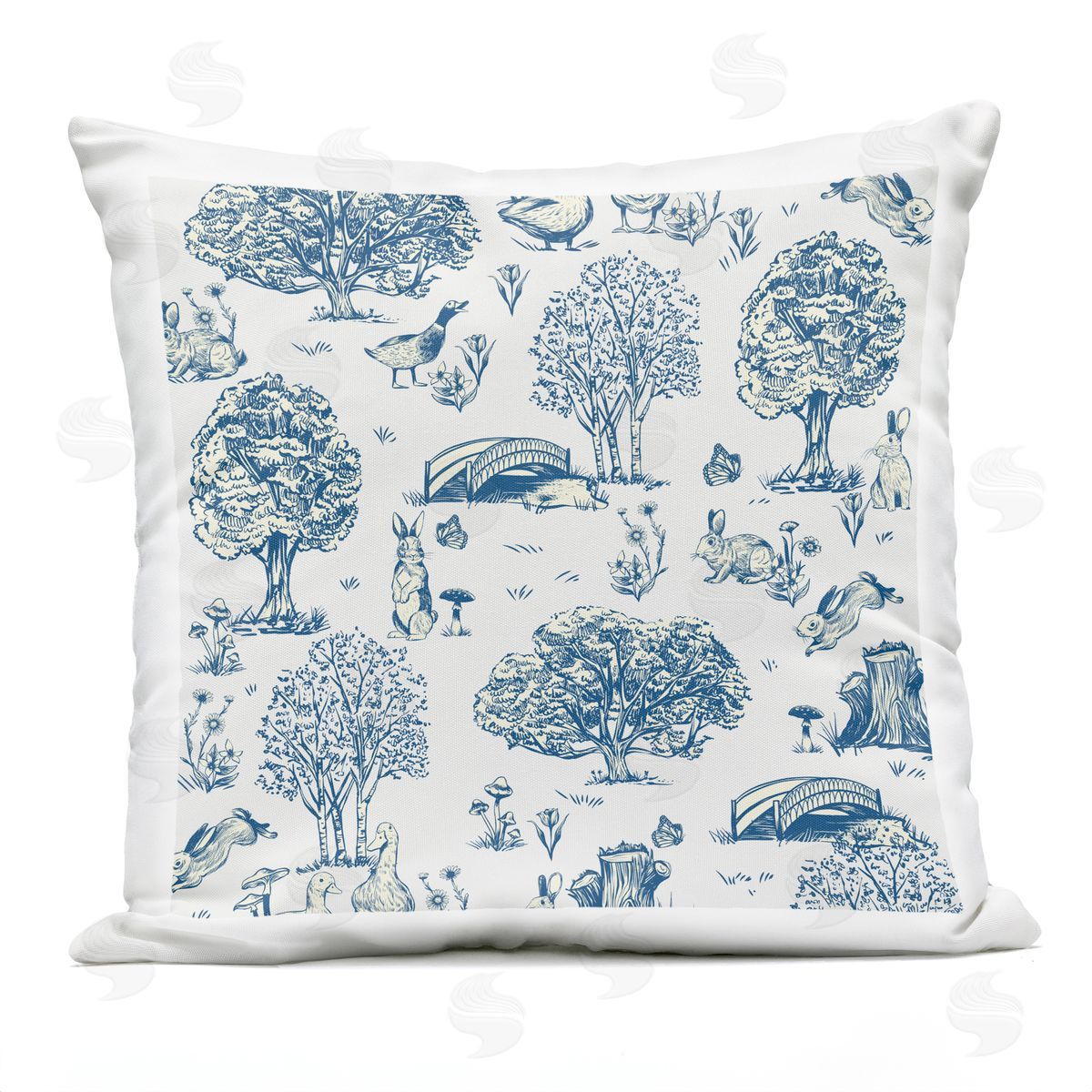 Classic Blue Toile Pattern Wildlife Scene Outdoor Printed Pillow, Home Decor by Arrolynn Weiderhold