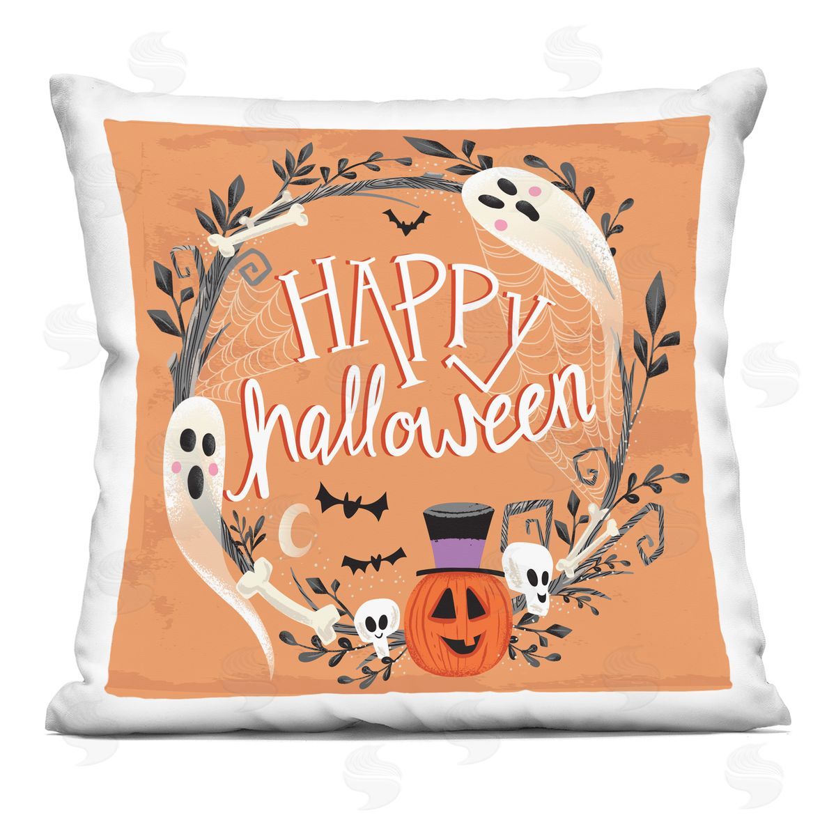 Whimsical Orange Happy Halloween Ghosts Wreath Decorative Printed Pillow, Home Decor by Arrolynn Weiderhold
