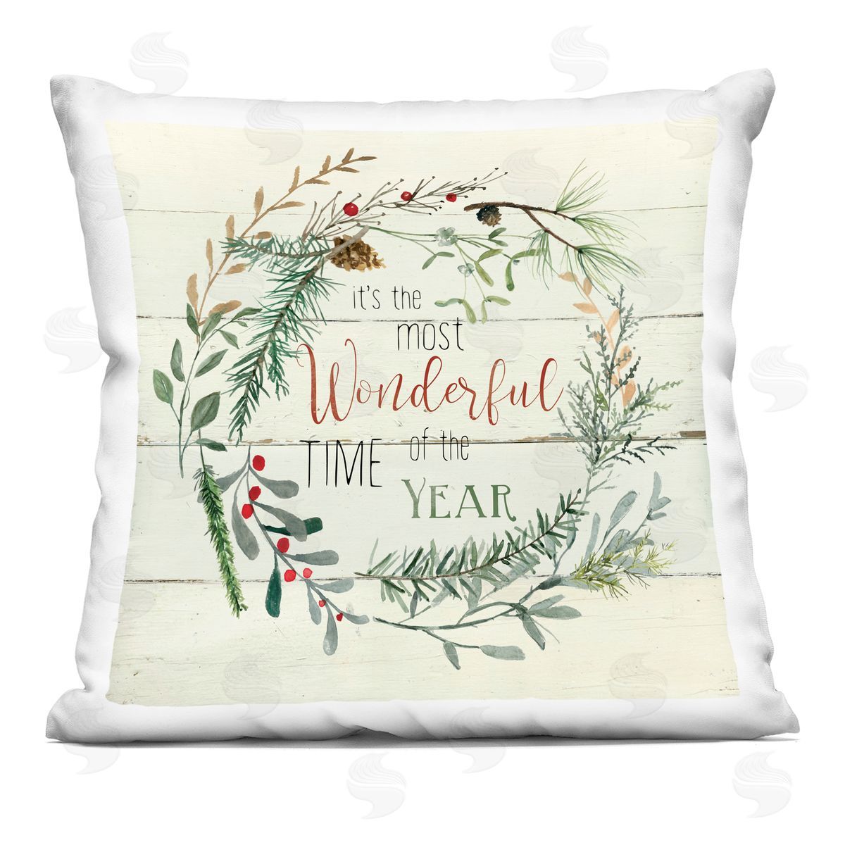 Wonderful Time of Year Holiday Botanicals Wreath Decorative Printed Pillow, Home Decor by Carol Robinson