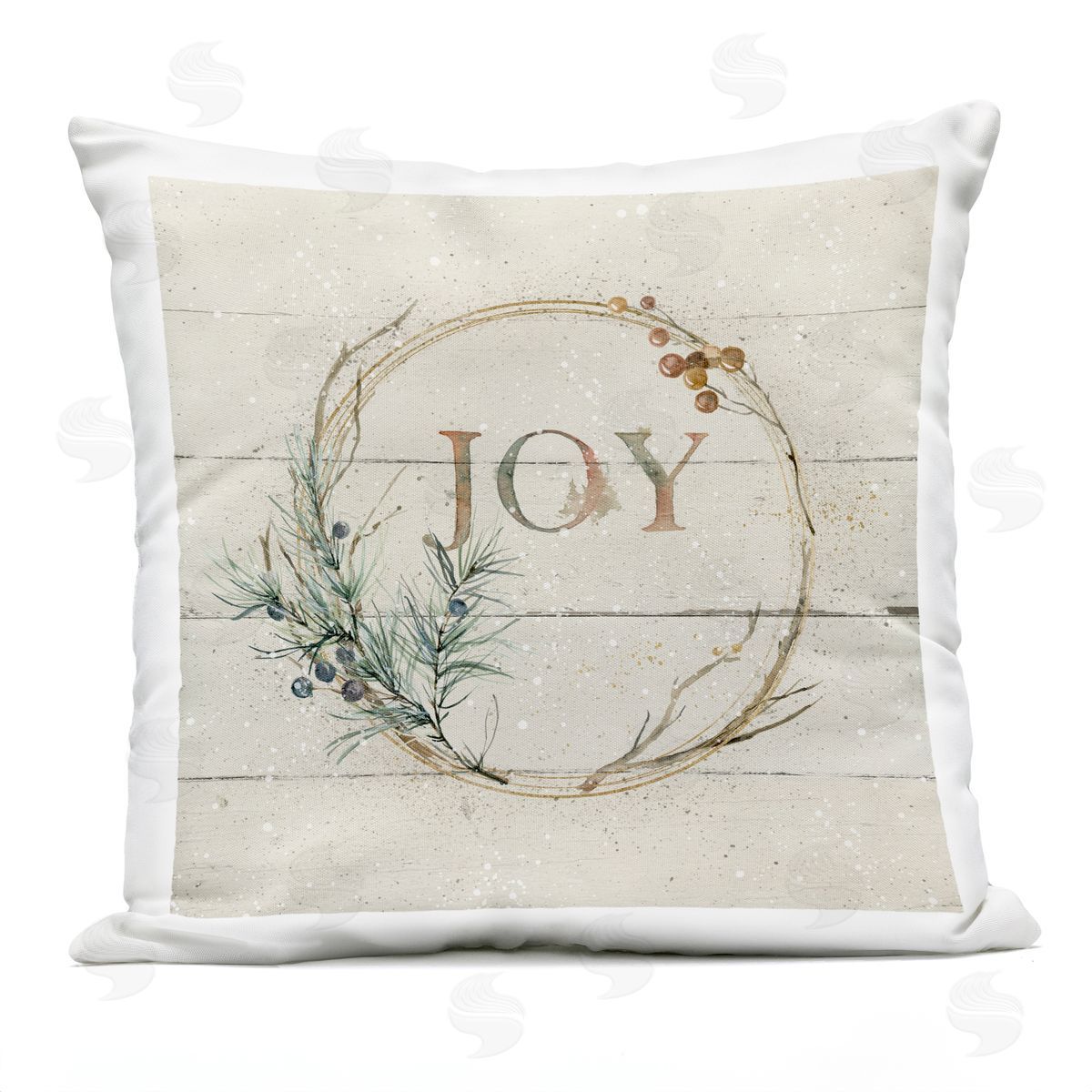 Joy Typography Seasonal Botanical Sprig Wreath Outdoor Printed Pillow, Home Decor by Carol Robinson