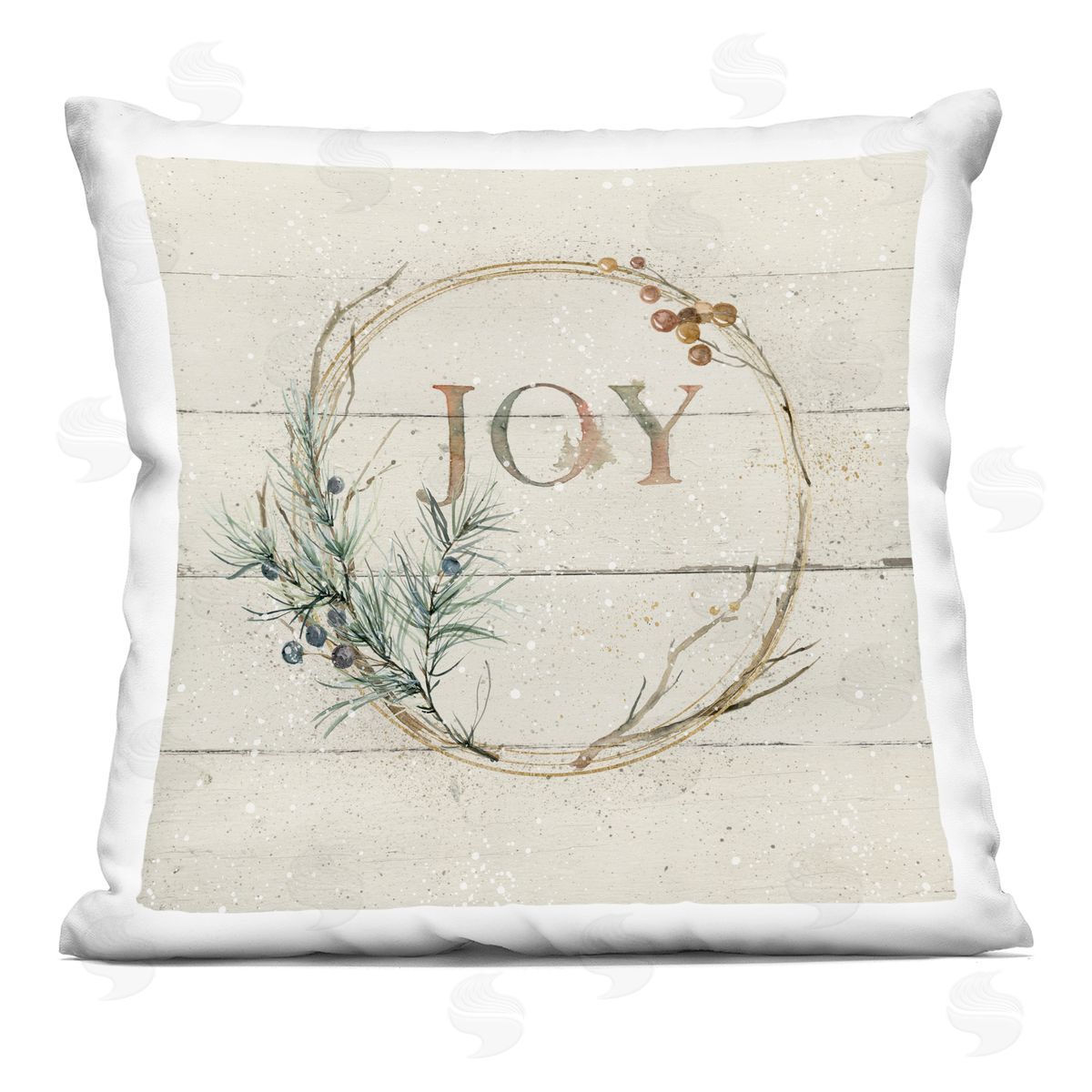 Joy Typography Seasonal Botanical Sprig Wreath Decorative Printed Pillow, Home Decor by Carol Robinson