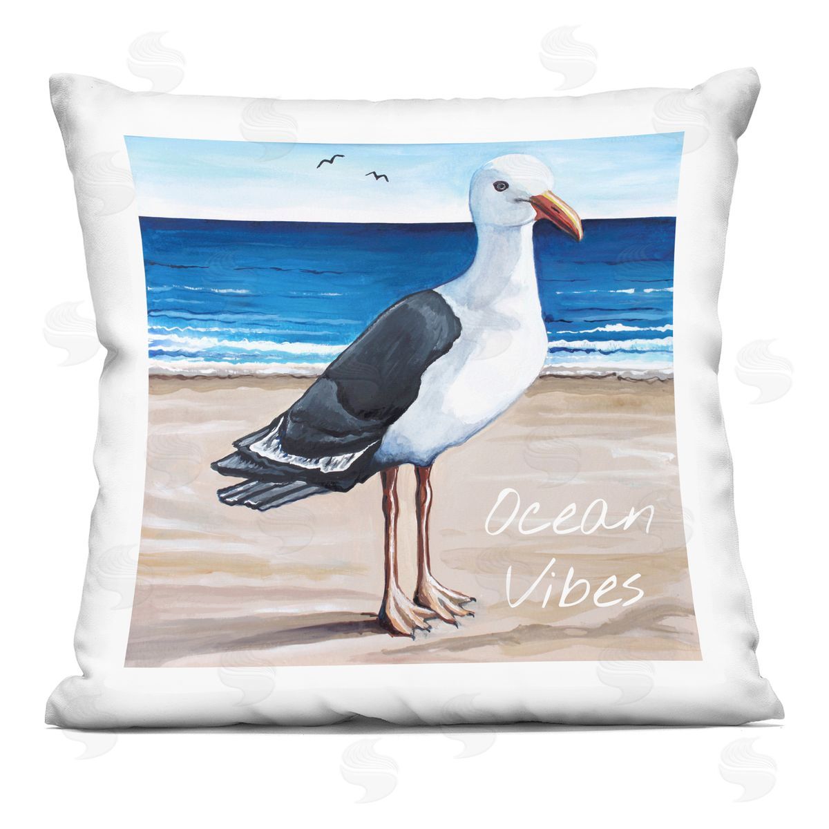 Ocean Vibes Seagull Standing Vivid Beach Shore Decorative Printed Pillow, Home Decor by Elizabeth Tyndall