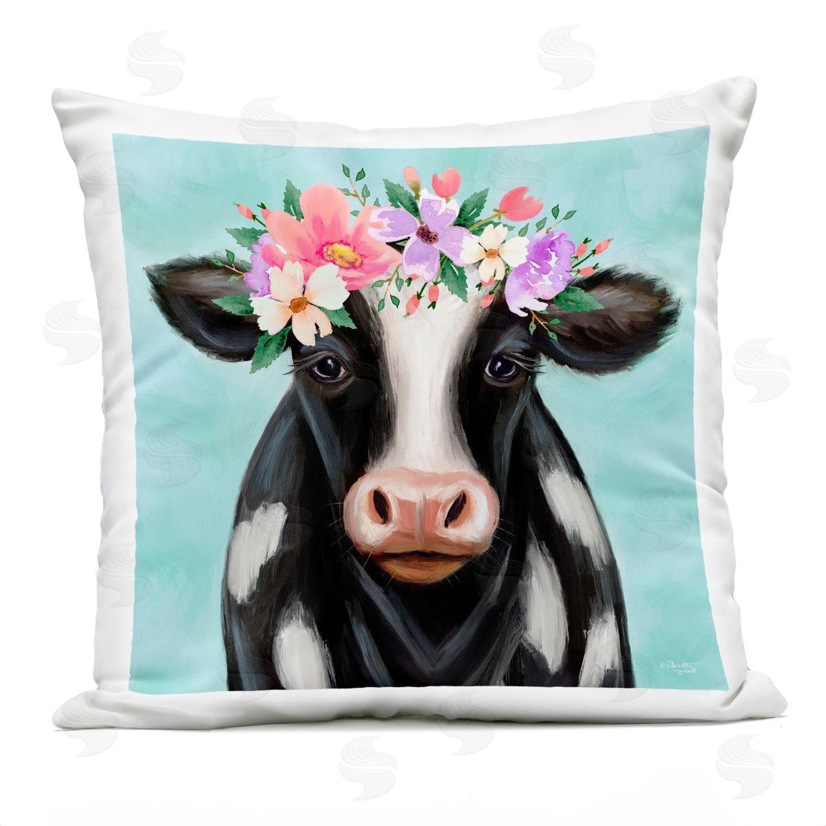 Farm Cow Calf Pink Floral Blossom Crown Outdoor Printed Pillow, Home Decor by Elizabeth Tyndall