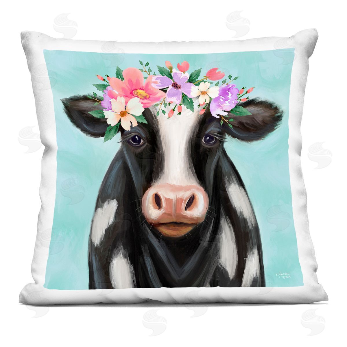 Farm Cow Calf Pink Floral Blossom Crown Decorative Printed Pillow, Home Decor by Elizabeth Tyndall