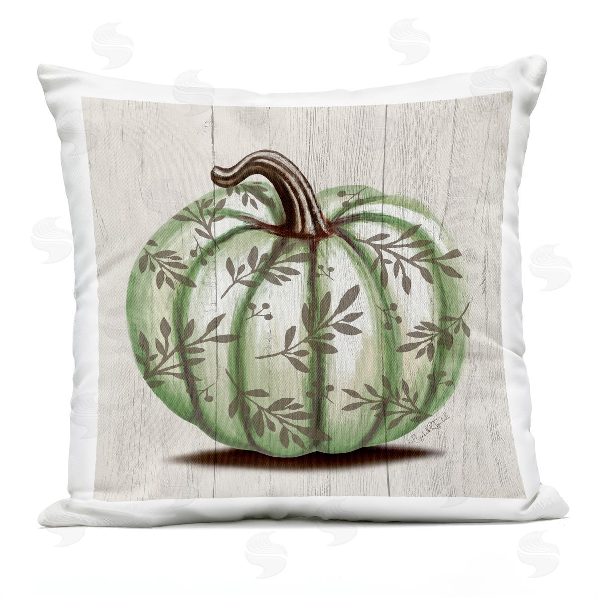 Green Autumnal Pumpkin Botanical Leaf Pattern Outdoor Printed Pillow, Home Decor by Elizabeth Tyndall