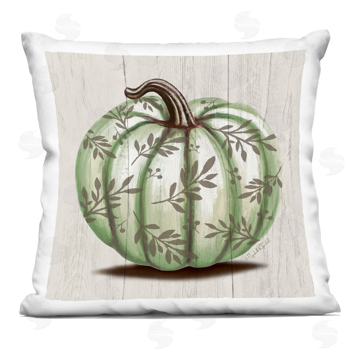Green Autumnal Pumpkin Botanical Leaf Pattern Decorative Printed Pillow, Home Decor by Elizabeth Tyndall