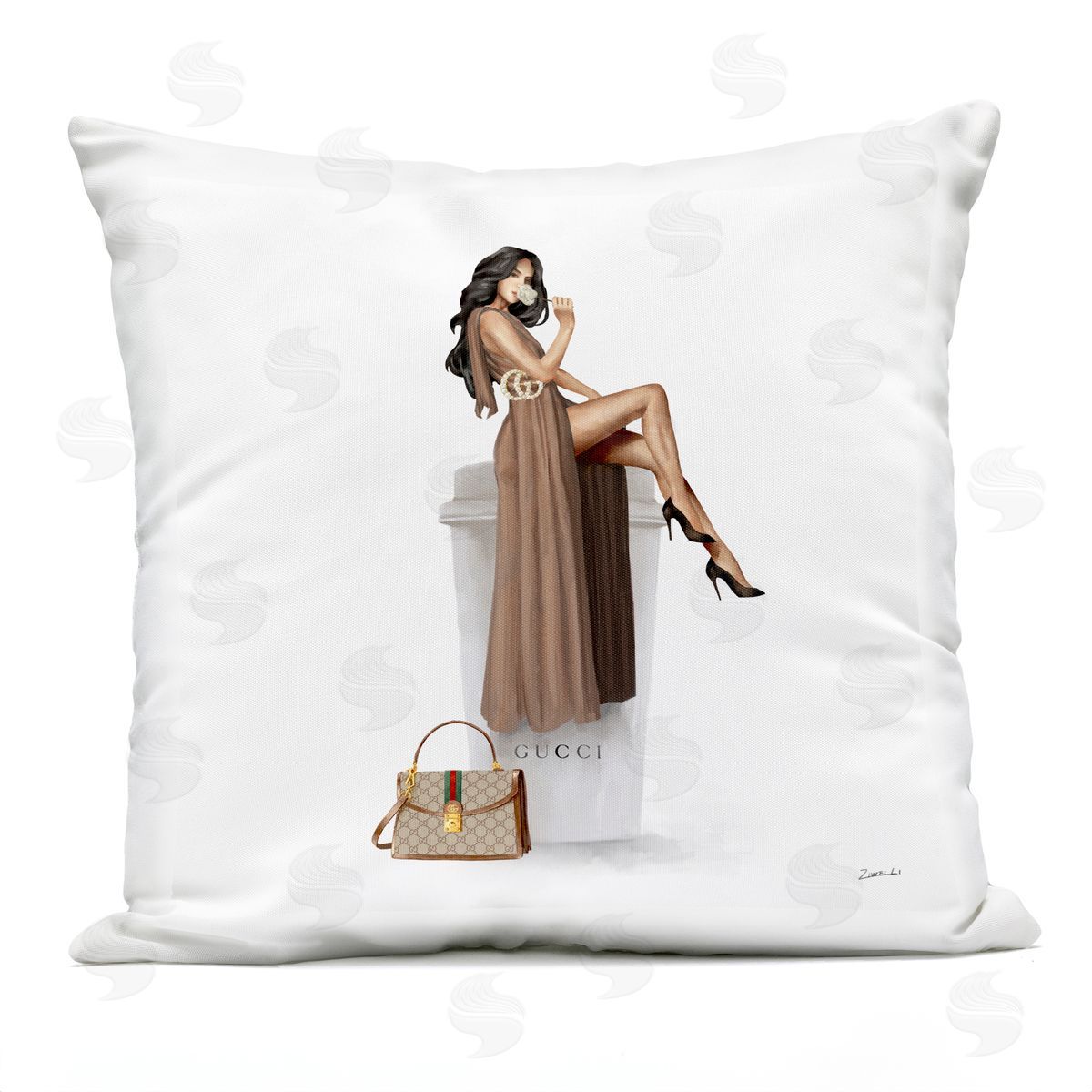 Glam Woman Trendy Upscale Coffee Cup Outdoor Printed Pillow, Home Decor by Ziwei Li