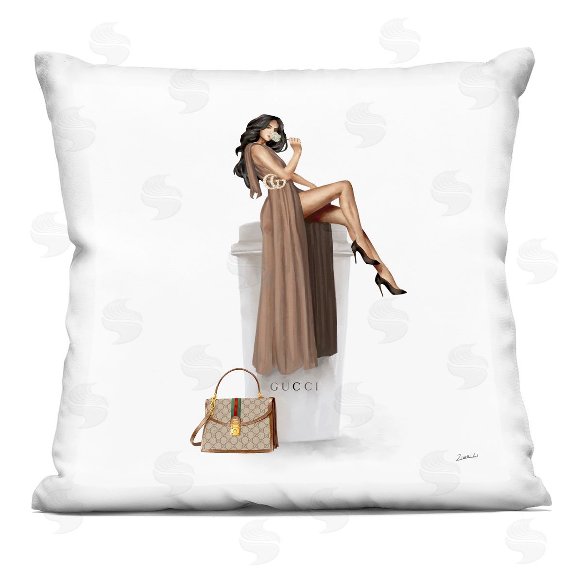 Glam Woman Trendy Upscale Coffee Cup Decorative Printed Pillow, Home Decor by Ziwei Li