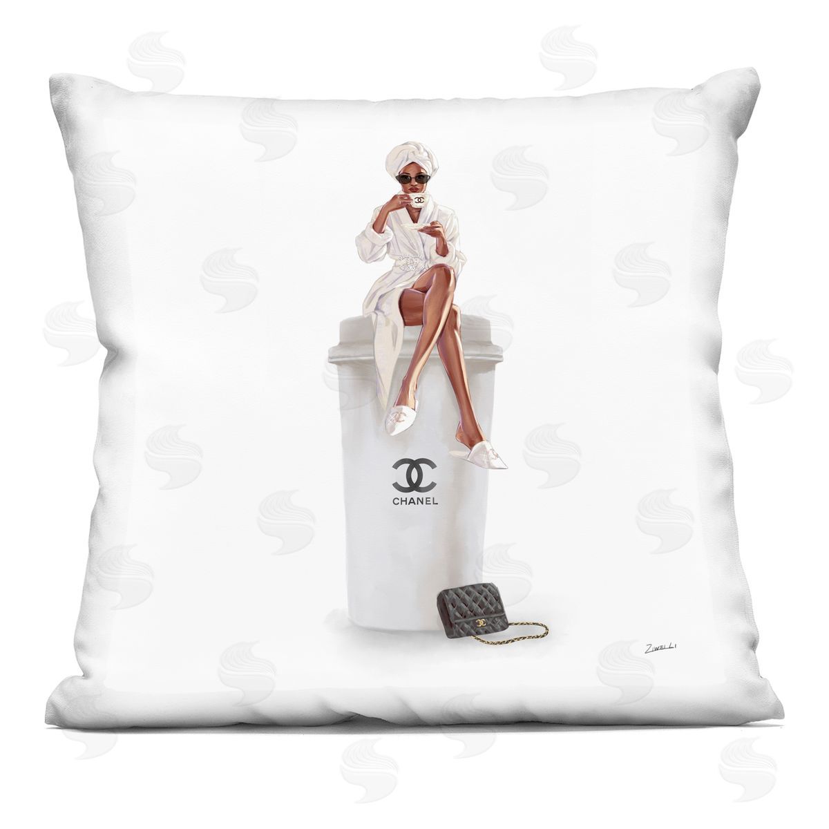 Woman Sitting Upscale Brand Fashion Coffee Cup Decorative Printed Pillow, Home Decor by Ziwei Li