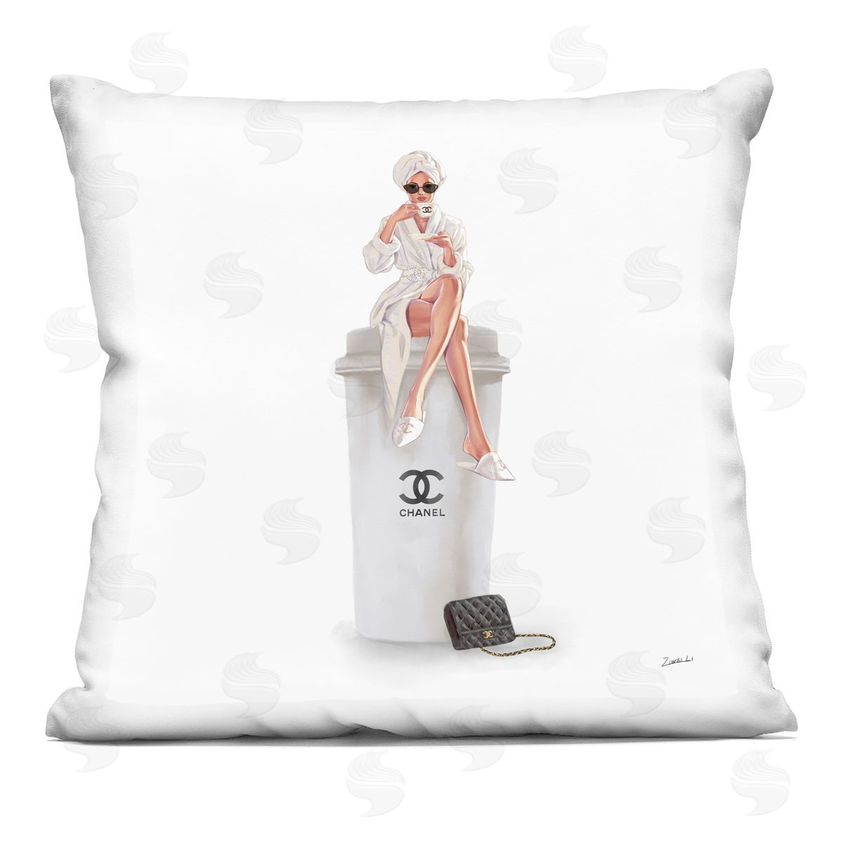 Trendy Fashion Woman Sipping Morning Coffee Decorative Printed Pillow, Home Decor by Ziwei Li
