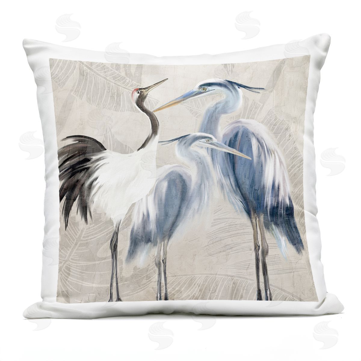 Egret & Crane Birds Botanical Leaf Pattern Outdoor Printed Pillow, Home Decor by Kim Allen