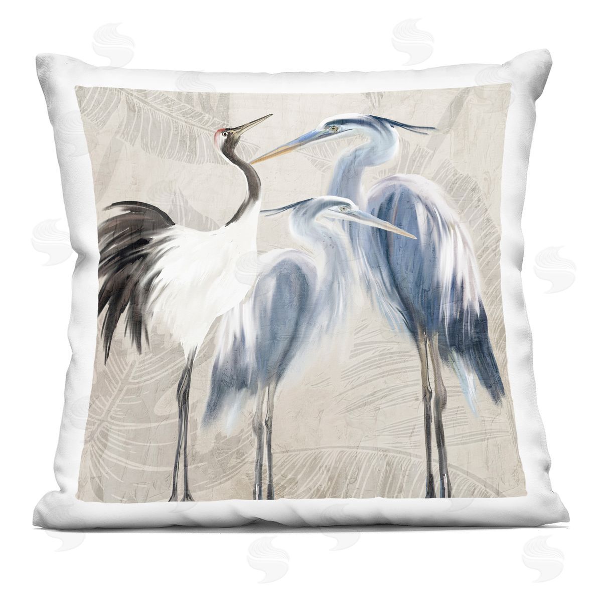 Egret & Crane Birds Botanical Leaf Pattern Decorative Printed Pillow, Home Decor by Kim Allen