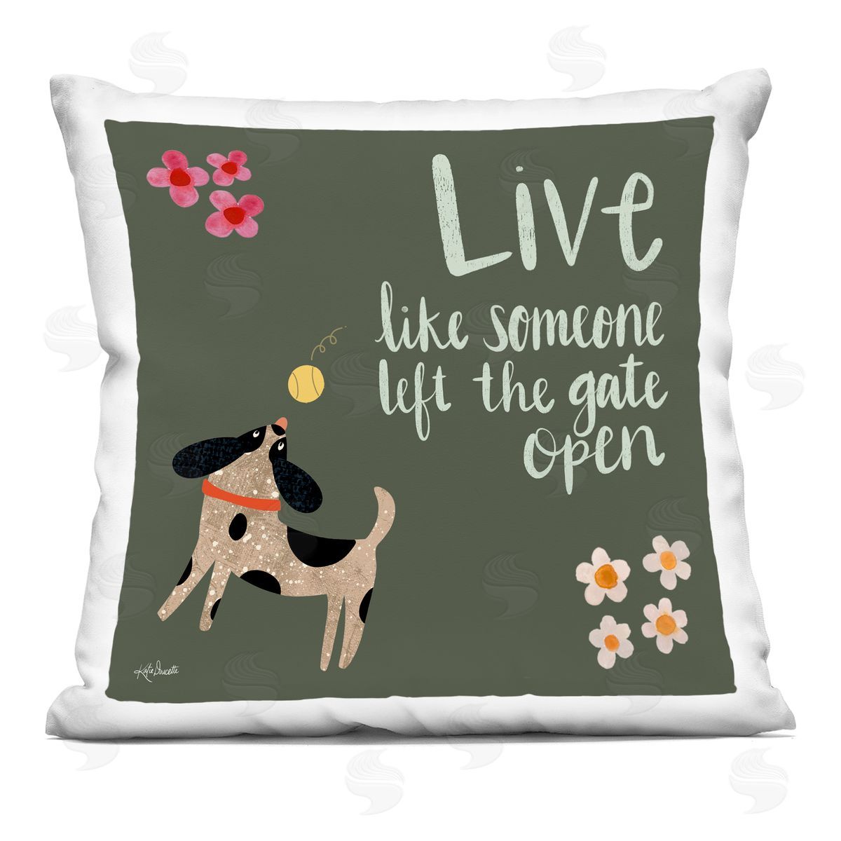 Green Calligraphy Pet Lover Phrase Playing Dog Decorative Printed Pillow, Home Decor by Katie Doucette
