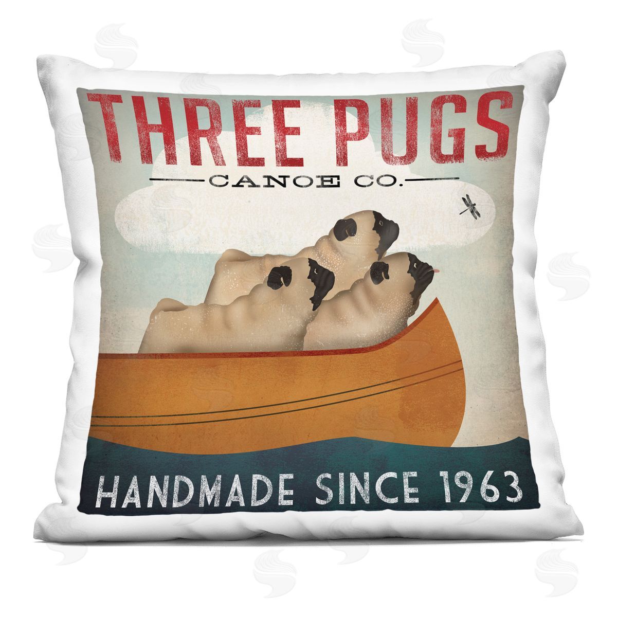 Vintage Canoe Company Boating Pug Dogs Decorative Printed Pillow, Home Decor by Ryan Fowler