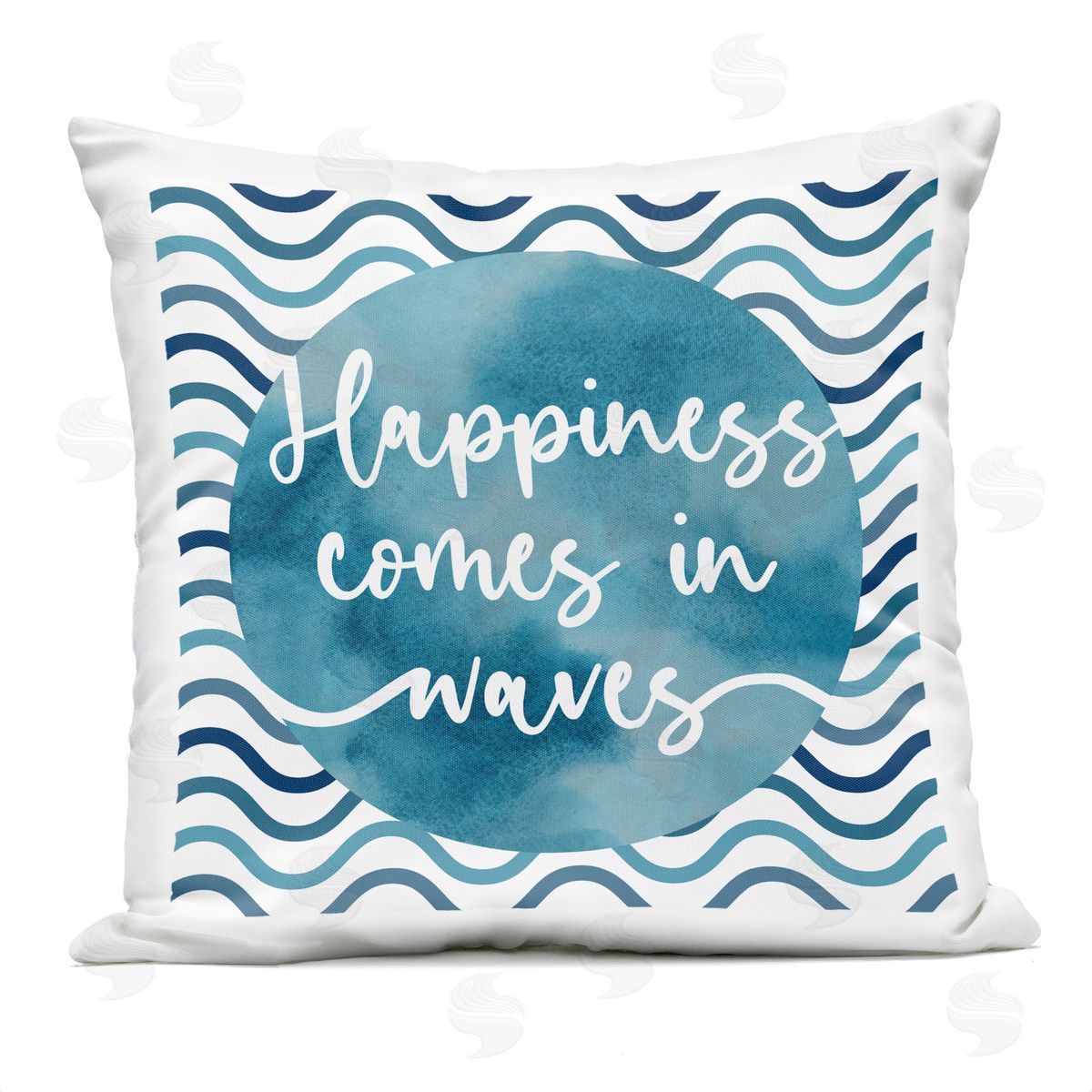 Happiness Comes Nautical Quote Wavy Stripes Outdoor Printed Pillow, Home Decor by Linda Birtel