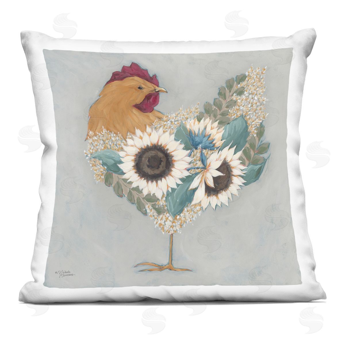 Rustic Farmhouse Chicken Sunflower Blossom Arrangement Decorative Printed Pillow, Home Decor by Michele Norman