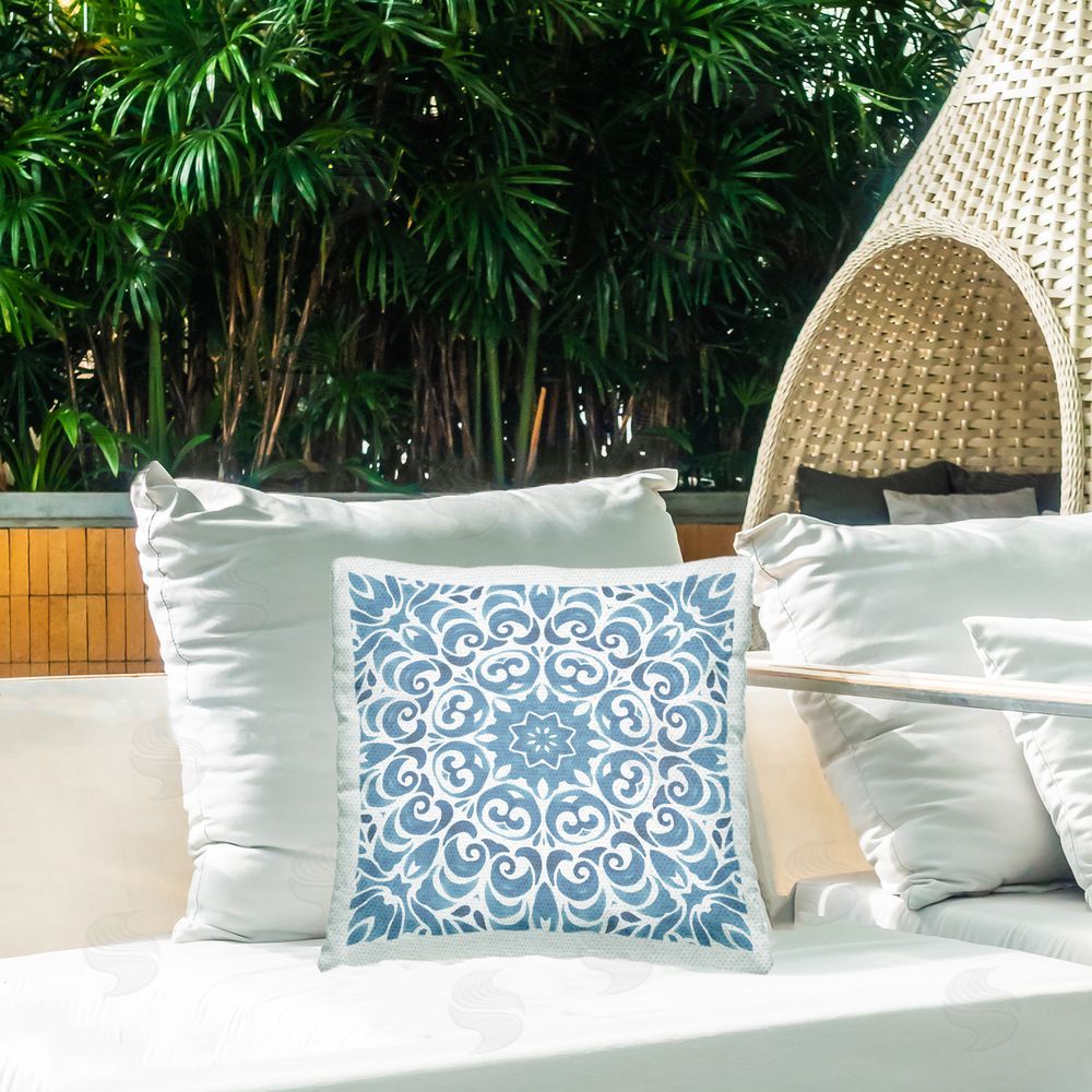 Nicole DeCamp Intricate Abstract Pattern Blue Floral Spiral Outdoor Quick-Dry Polyester Printed Throw Pillow in Back Yard
