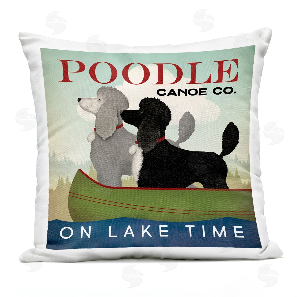 Boating Poodle Dogs On Lake Canoe Landscape Outdoor Printed Pillow, Home Decor by Ryan Fowler