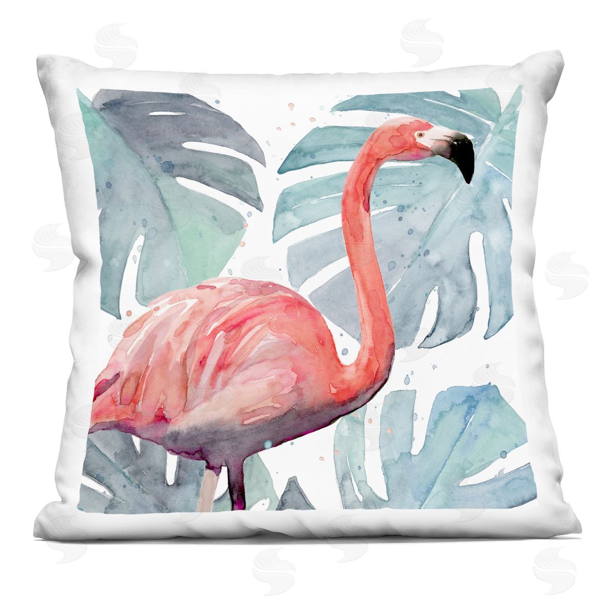 Tropical Flamingo Lush Green Monstera Plant Leaves Decorative Printed Pillow, Home Decor by Annie Warren