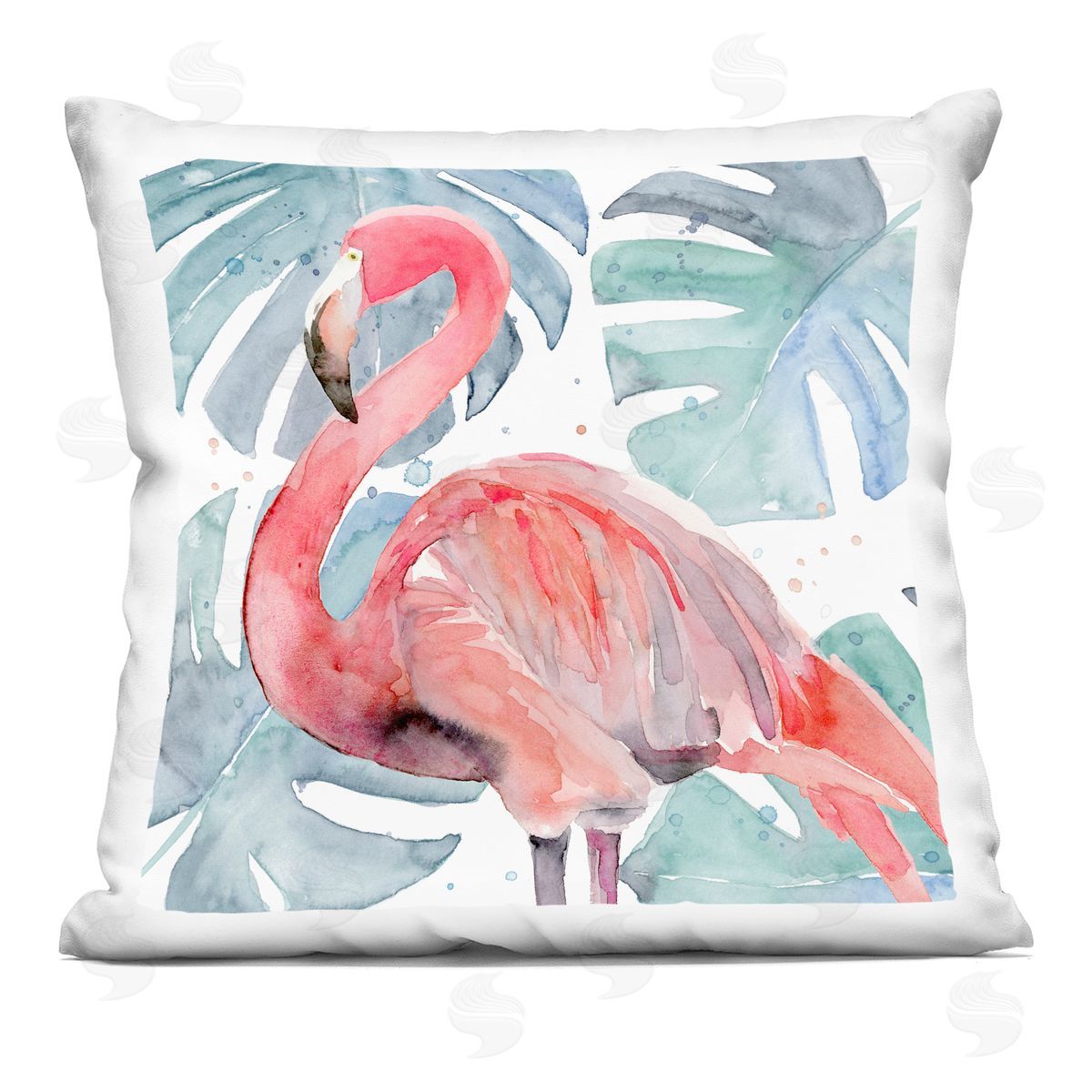 Pink Tropical Flamingo Green Monstera Plant Leaves Decorative Printed Pillow, Home Decor by Annie Warren