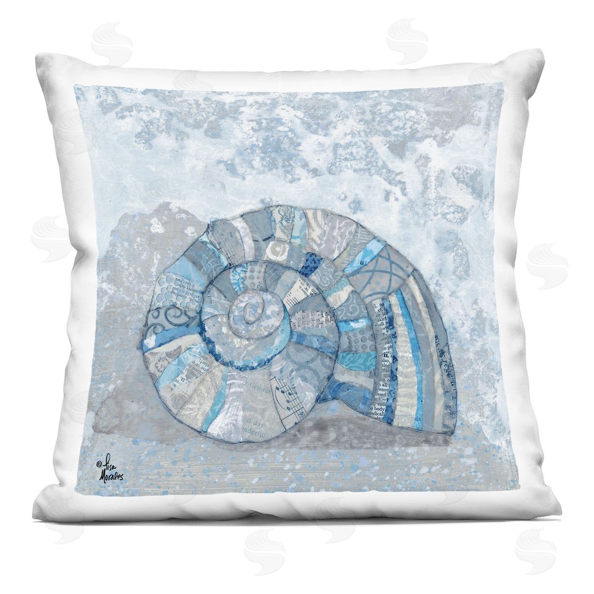 Collage Patterned Blue Nautical Spiral Seashell Decorative Printed Pillow, Home Decor by Lisa Morales