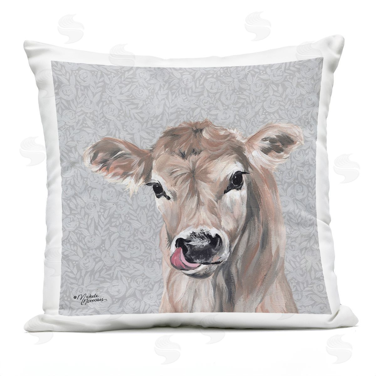 Baby Calf Cow Portrait Botanical Blossom Pattern Outdoor Printed Pillow, Home Decor by Michele Norman