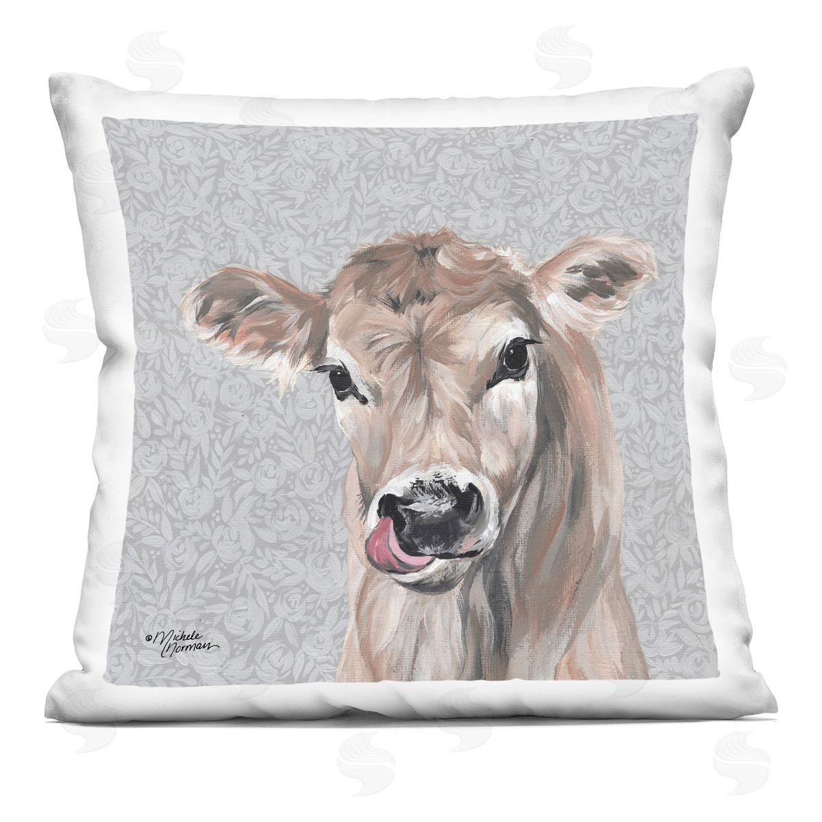 Baby Calf Cow Portrait Botanical Blossom Pattern Decorative Printed Pillow, Home Decor by Michele Norman