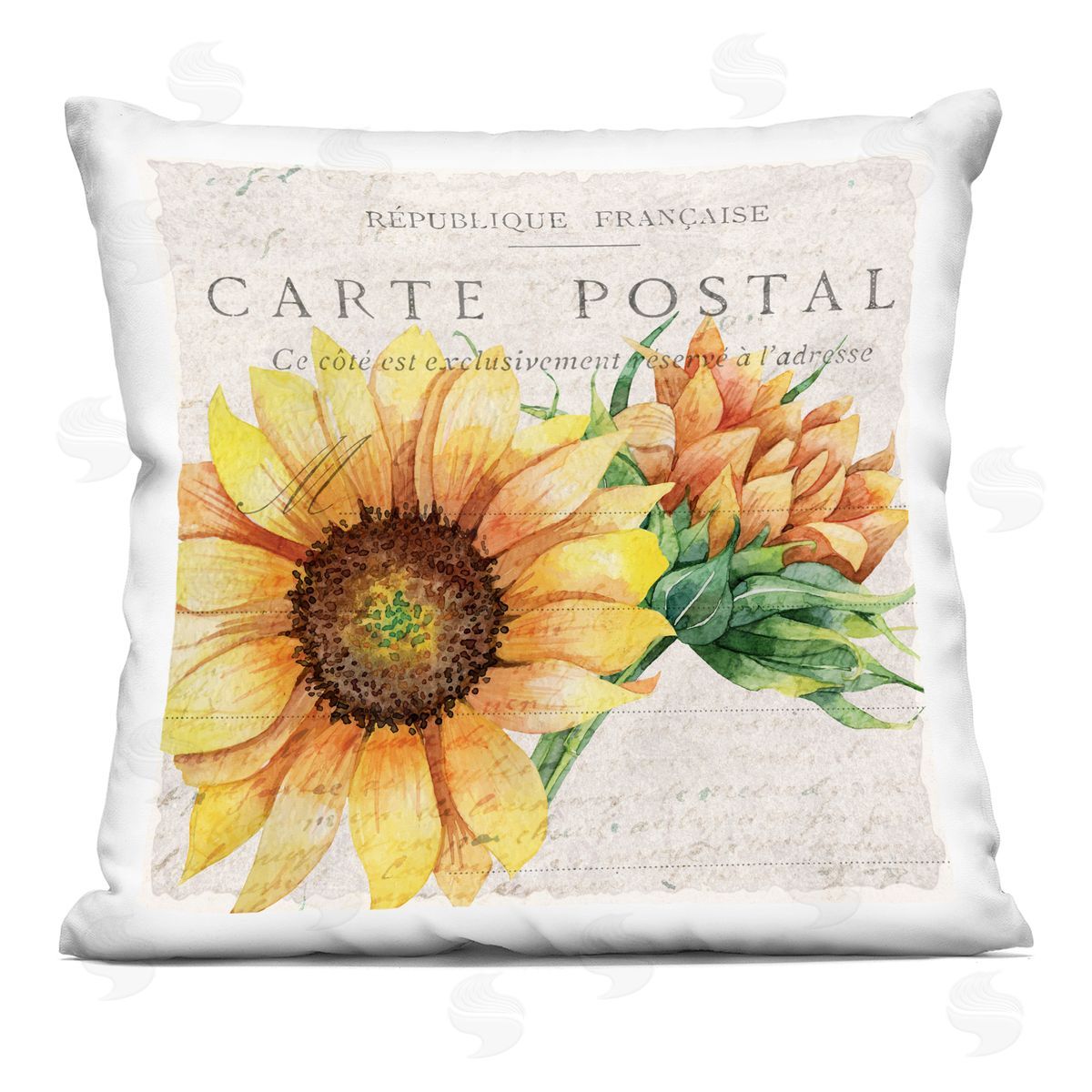 Vintage French Words Sunflower Floral Calligraphy Decorative Printed Pillow, Home Decor by Kim Allen
