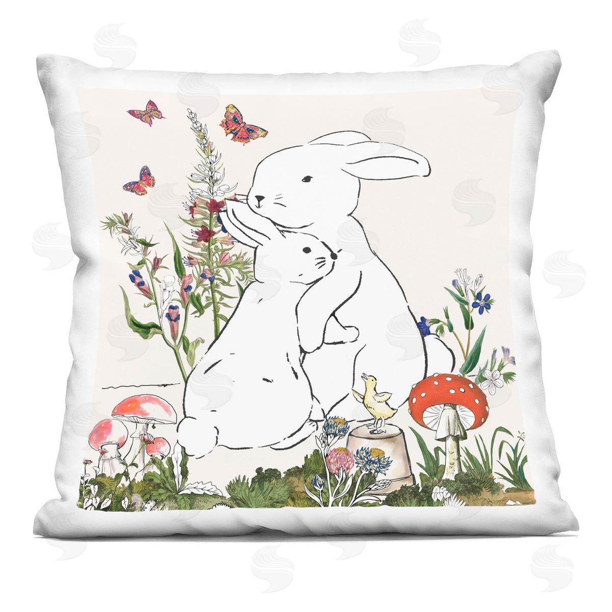 Rabbit Hugs Spring Flower Meadow Butterfly Garden Decorative Printed Pillow, Home Decor by Sangita Bachelet