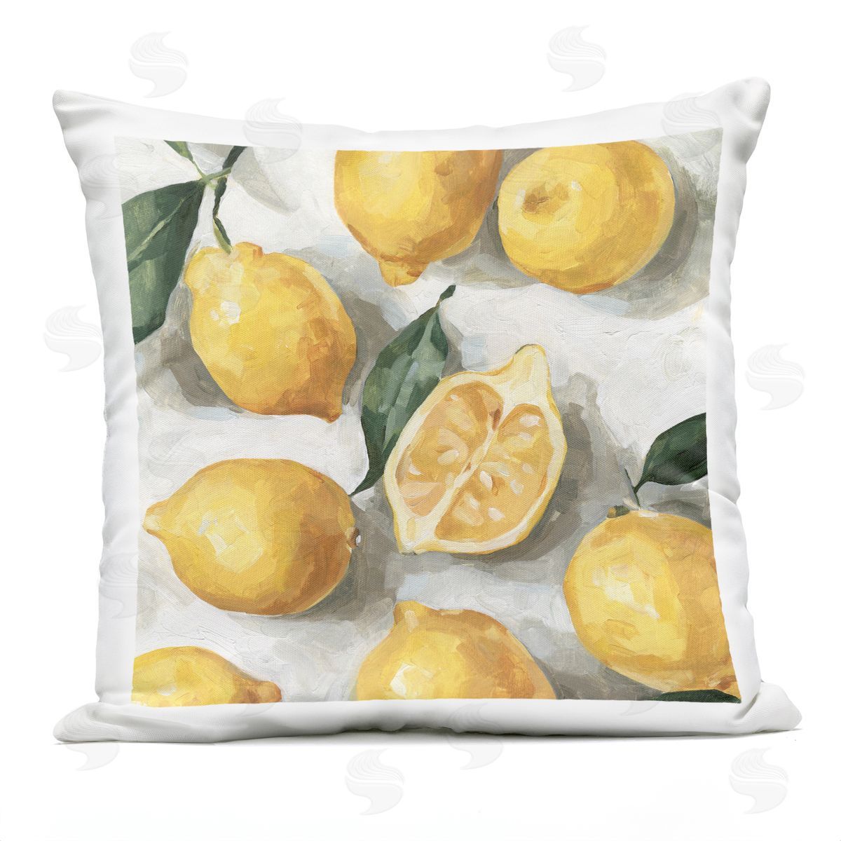 Country Citrus Lemons Over White Background Outdoor Printed Pillow, Home Decor by Emma Caroline