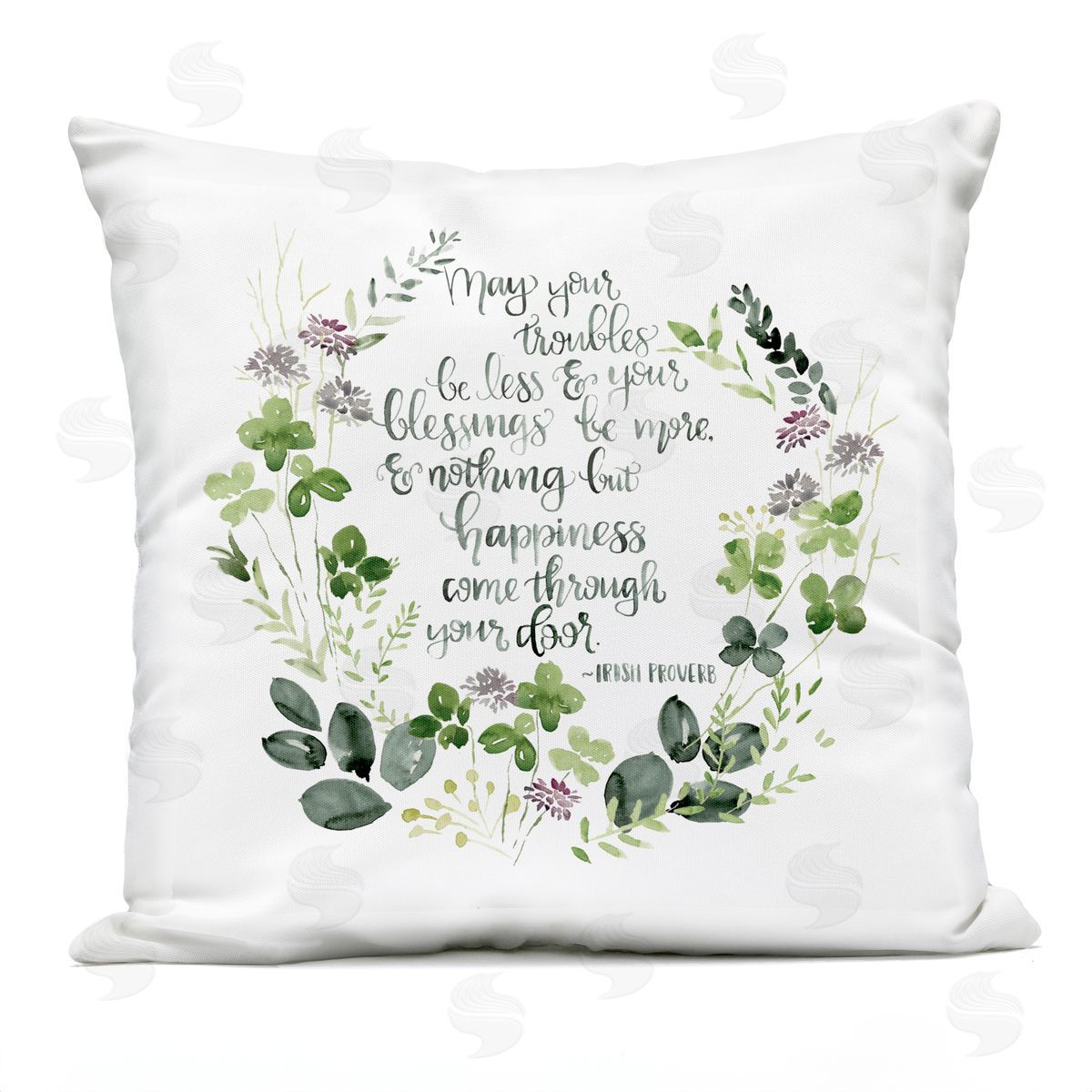 Troubles Be Less Irish Proverb Green Botanical Wreath Outdoor Printed Pillow, Home Decor by Jennifer Paxton Parker
